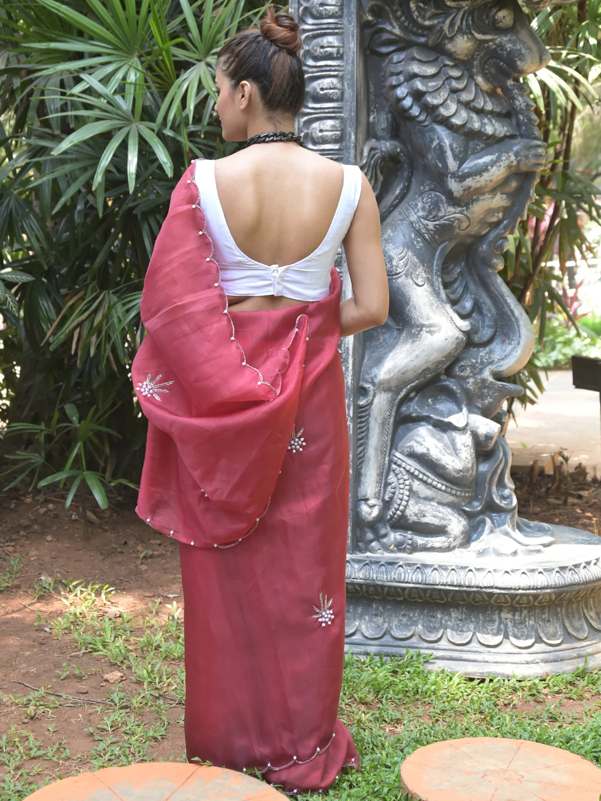 Odette Maroon Beads Embroidered Khadi Organza Saree with Unstitched Blouse for Women - Image 3