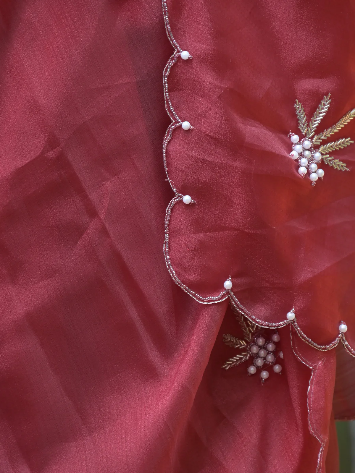 Odette Maroon Beads Embroidered Khadi Organza Saree with Unstitched Blouse for Women - Image 5
