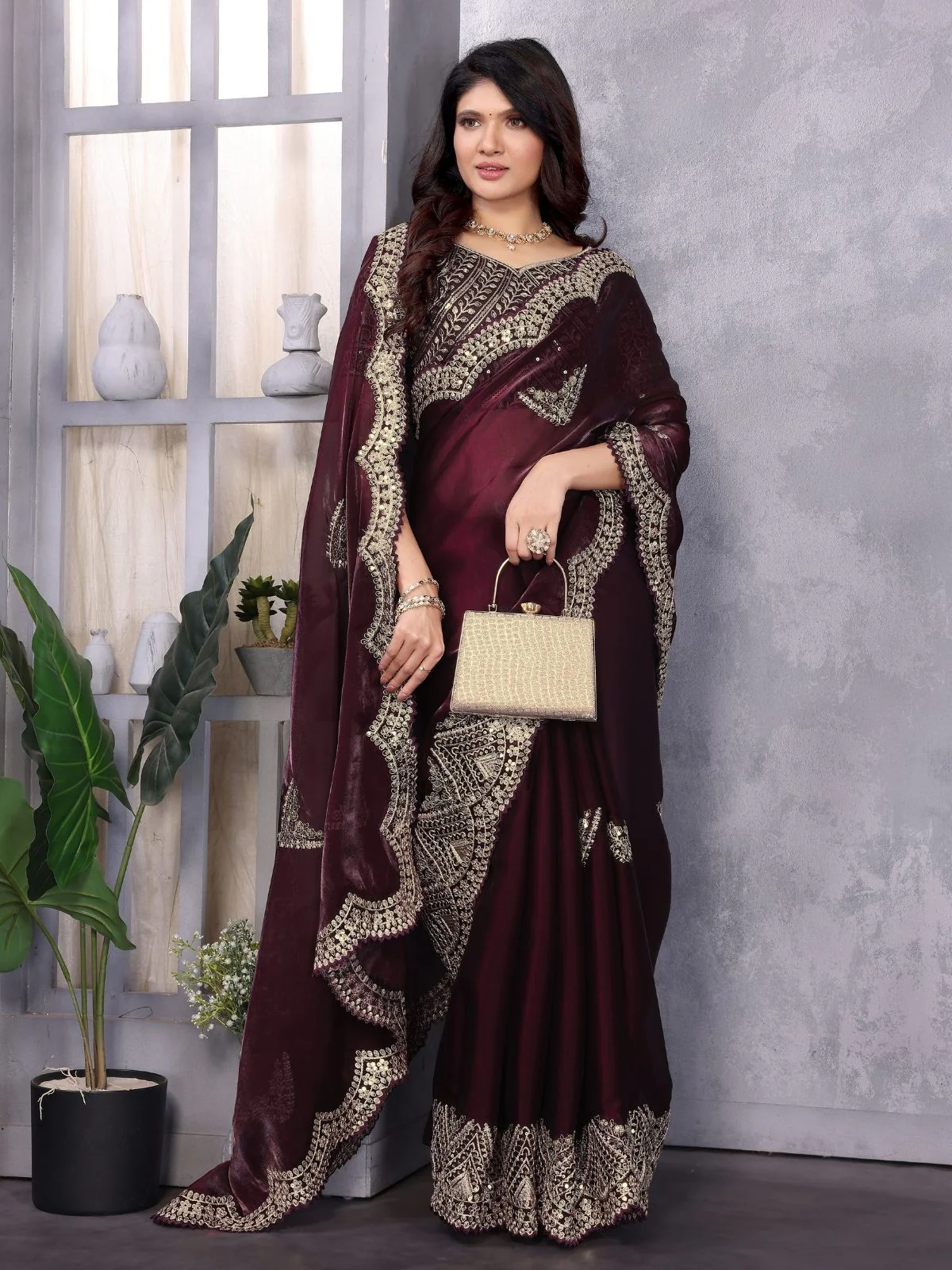 Odette Maroon Chiffon Embroidered Saree For Women - Image 2