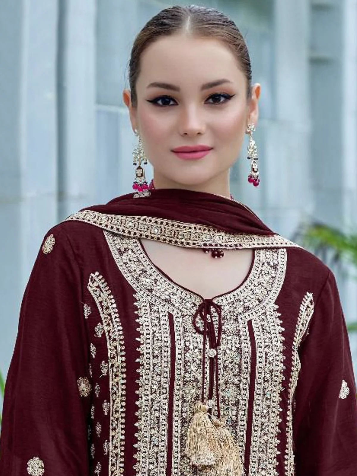 Odette Maroon Chinon Embroidered Semi-Stitched Kurta Set For Women - Image 2