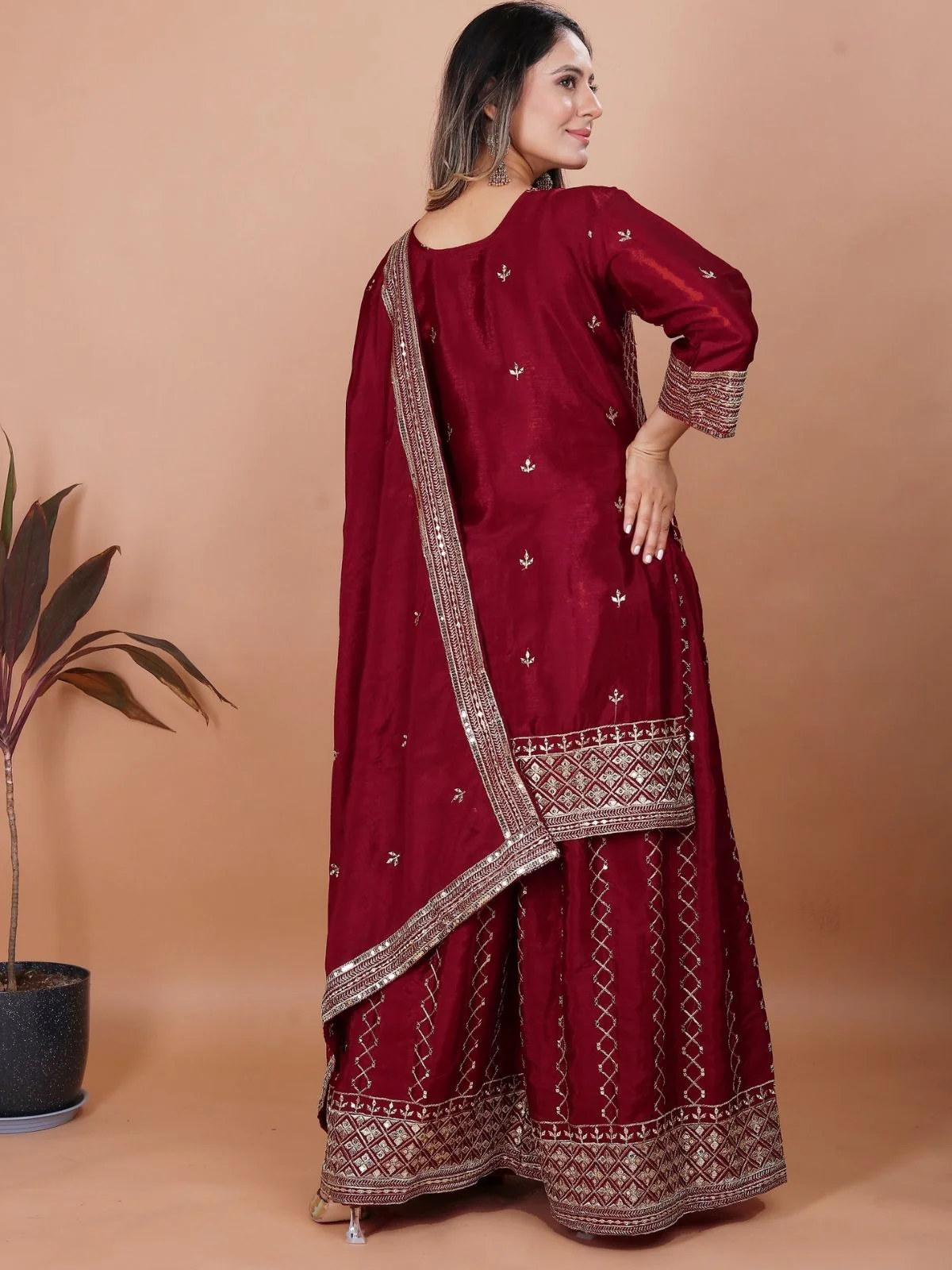 Odette Maroon Chinon Embroidered Stitched Kurta Set For Women - Image 3