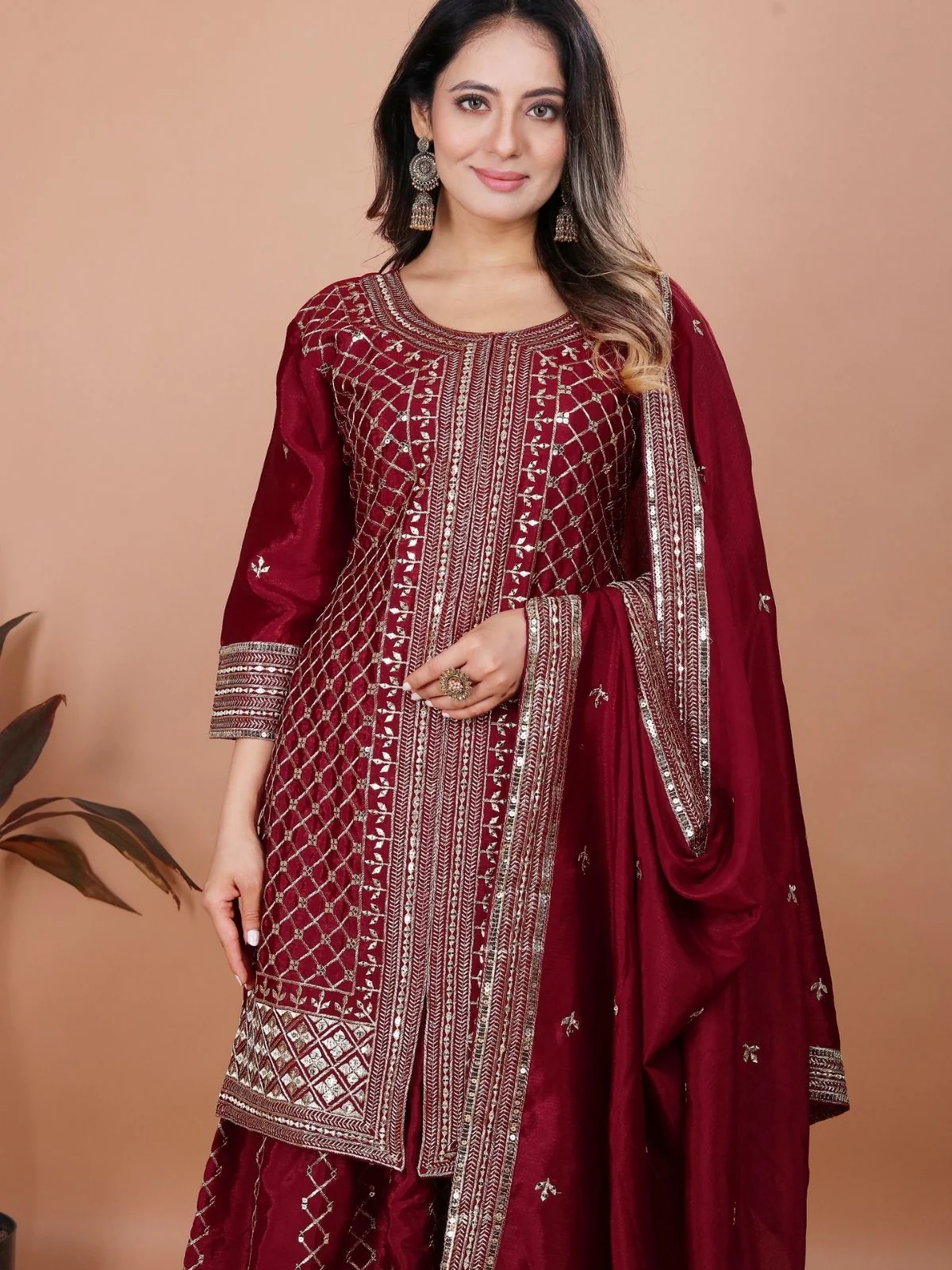 Odette Maroon Chinon Embroidered Stitched Kurta Set For Women - Image 4
