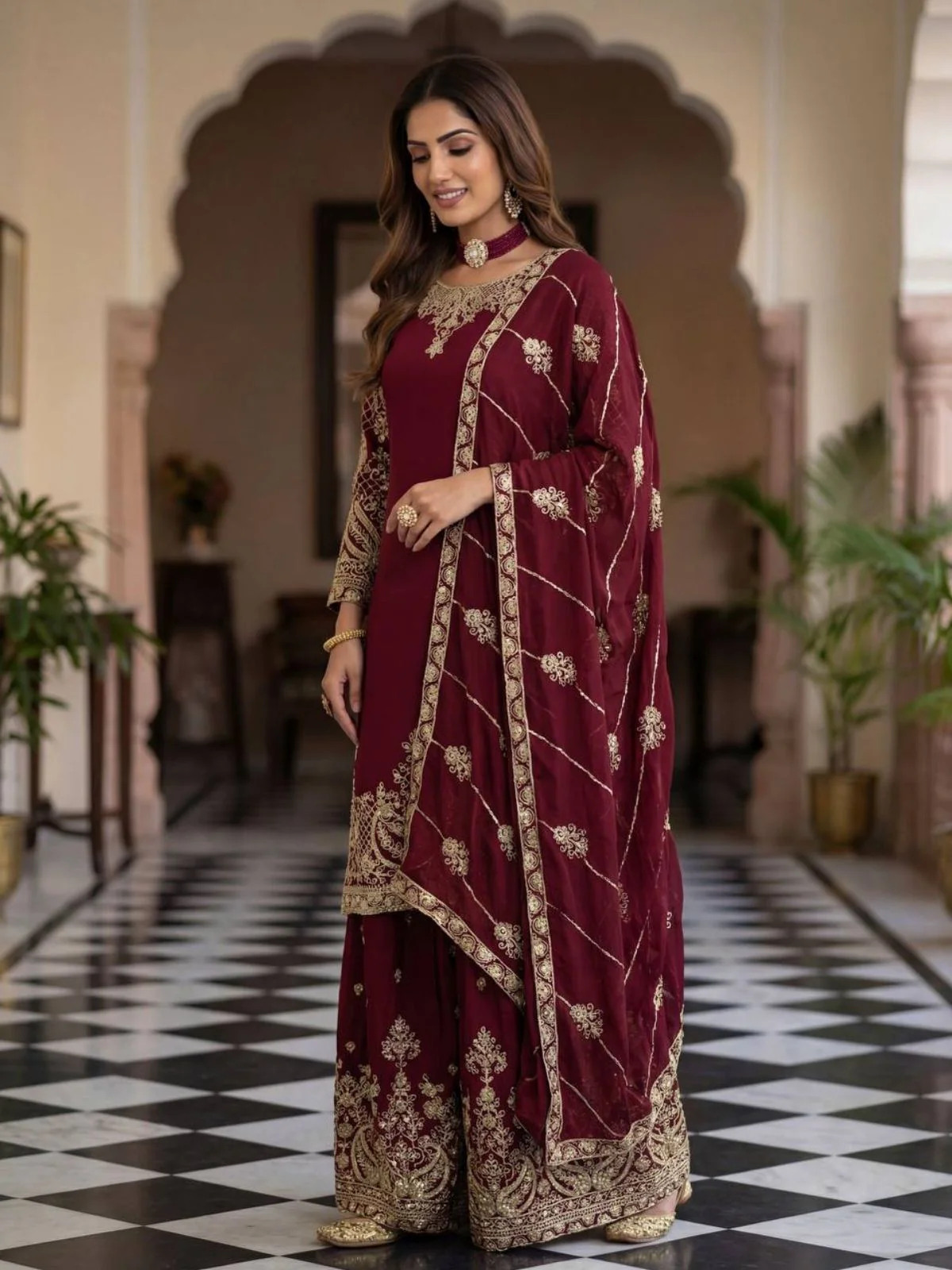 Odette Maroon Chinon Solid Stitched Kurta Set For Women - Image 3