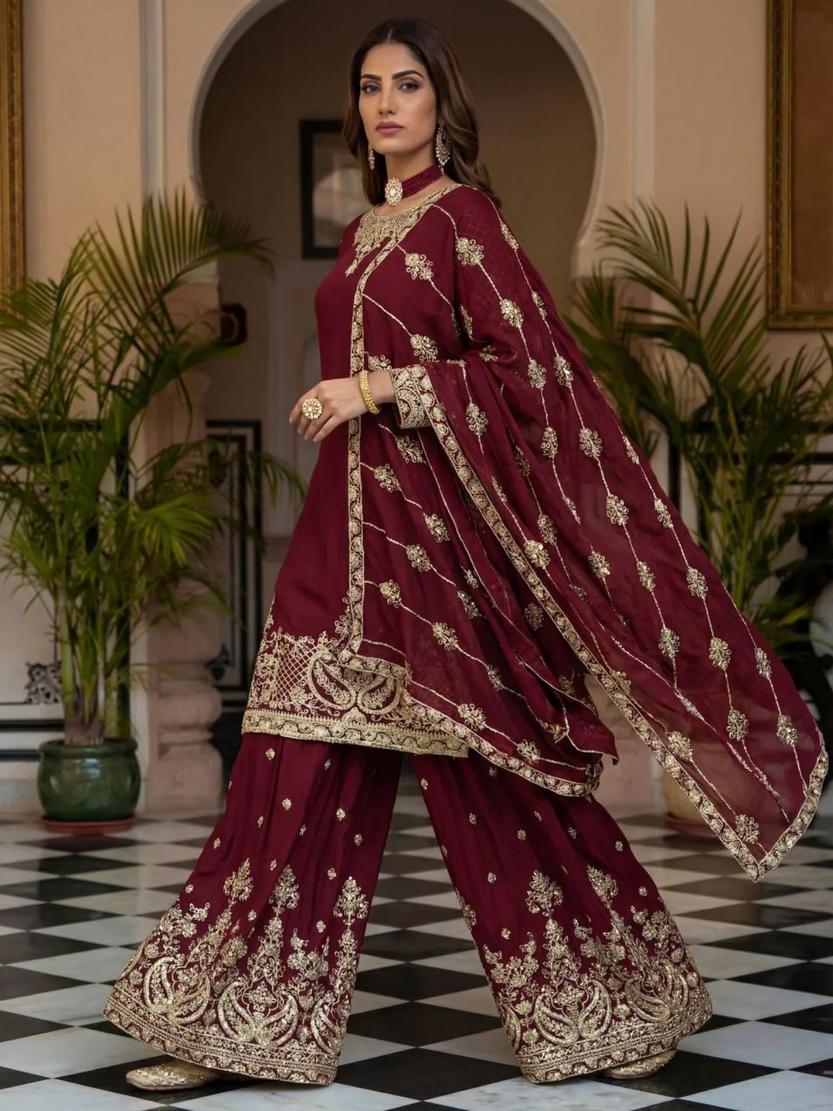 Odette Maroon Chinon Solid Stitched Kurta Set For Women - Image 4