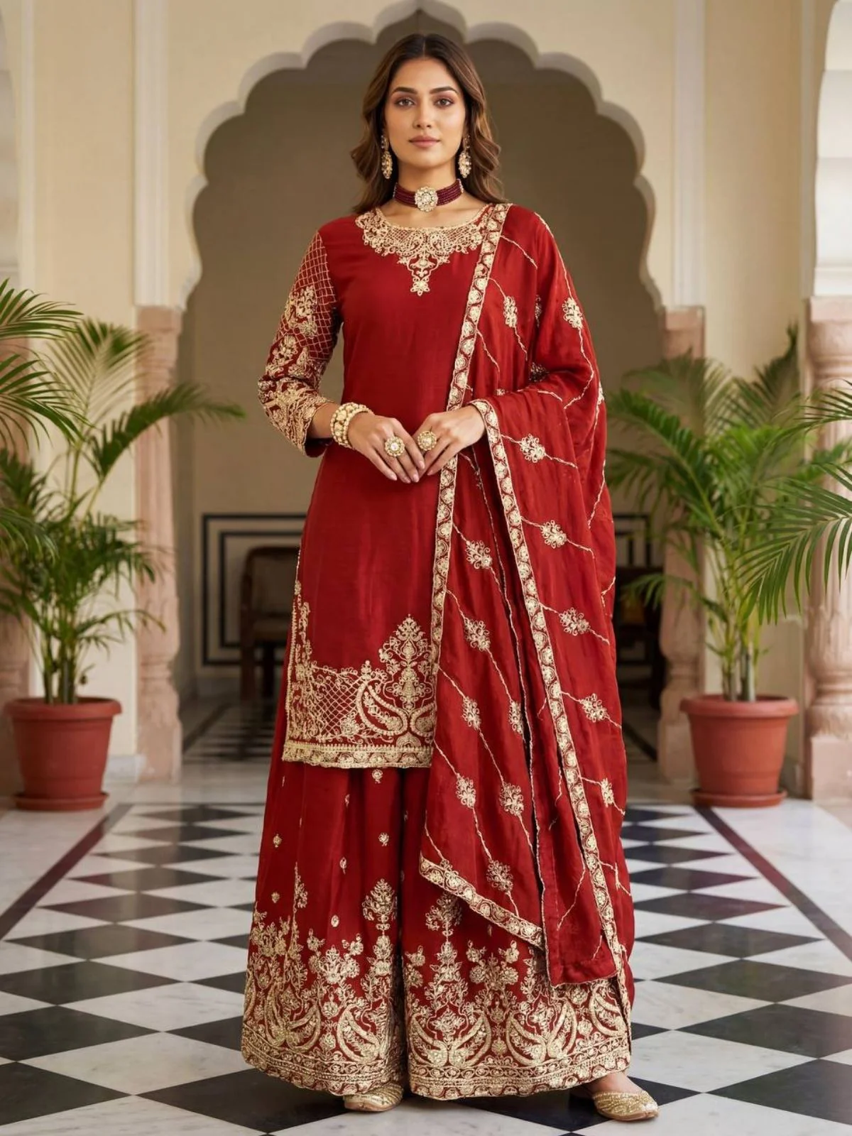 Odette Maroon Chinon Solid Stitched Kurta Set For Women