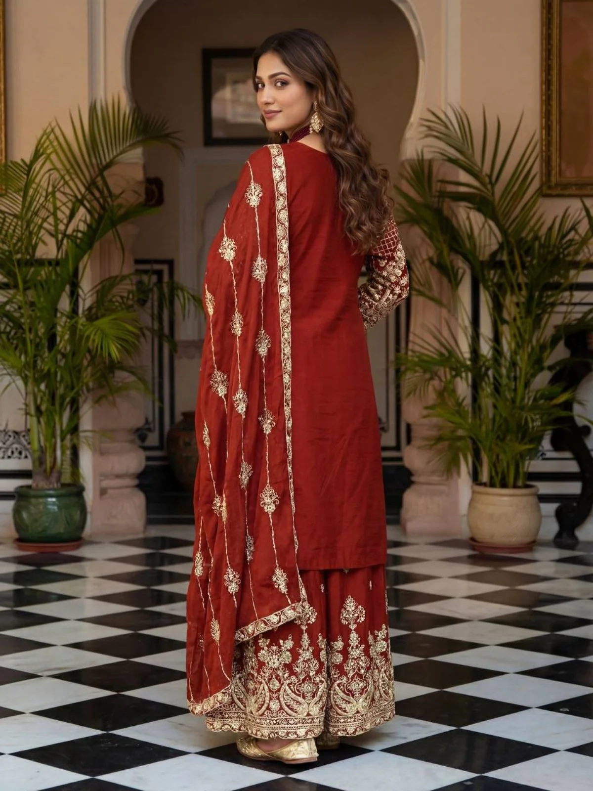 Odette Maroon Chinon Solid Stitched Kurta Set For Women - Image 3