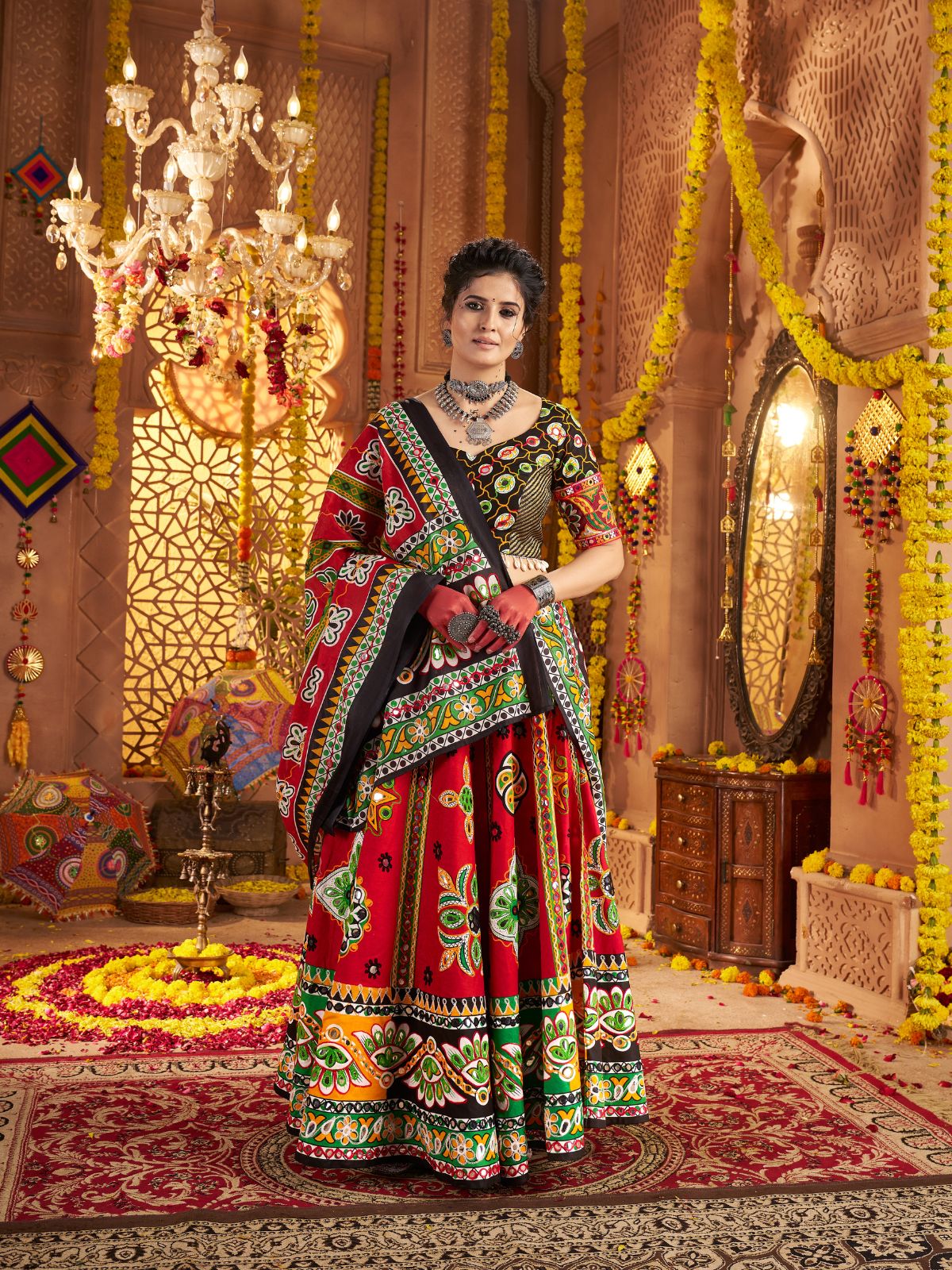 Odette Maroon Cotton Blend Embroidered Semi-Stitched lehenga For Women - Image 3