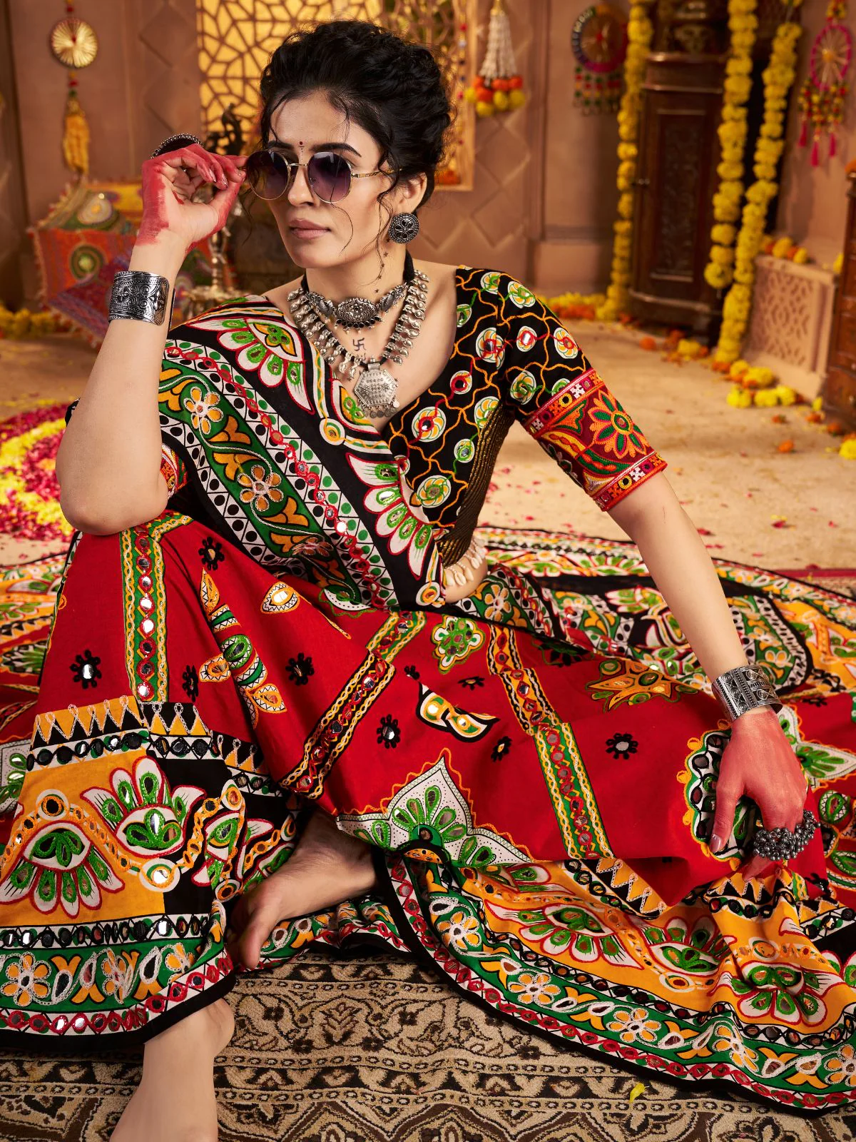 Odette Maroon Cotton Blend Embroidered Semi-Stitched lehenga For Women - Image 4