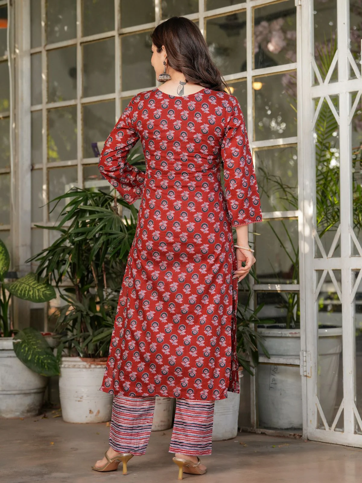 Odette Maroon Cotton Blend Printed Stitched KurtaÂ SetÂ ForÂ Women - Image 5