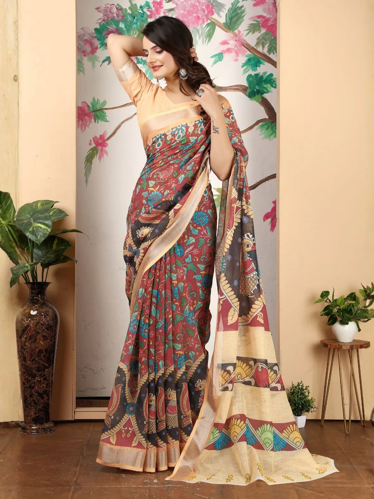 Odette Maroon Cotton Linen Woven Printed Saree For Women - Image 2