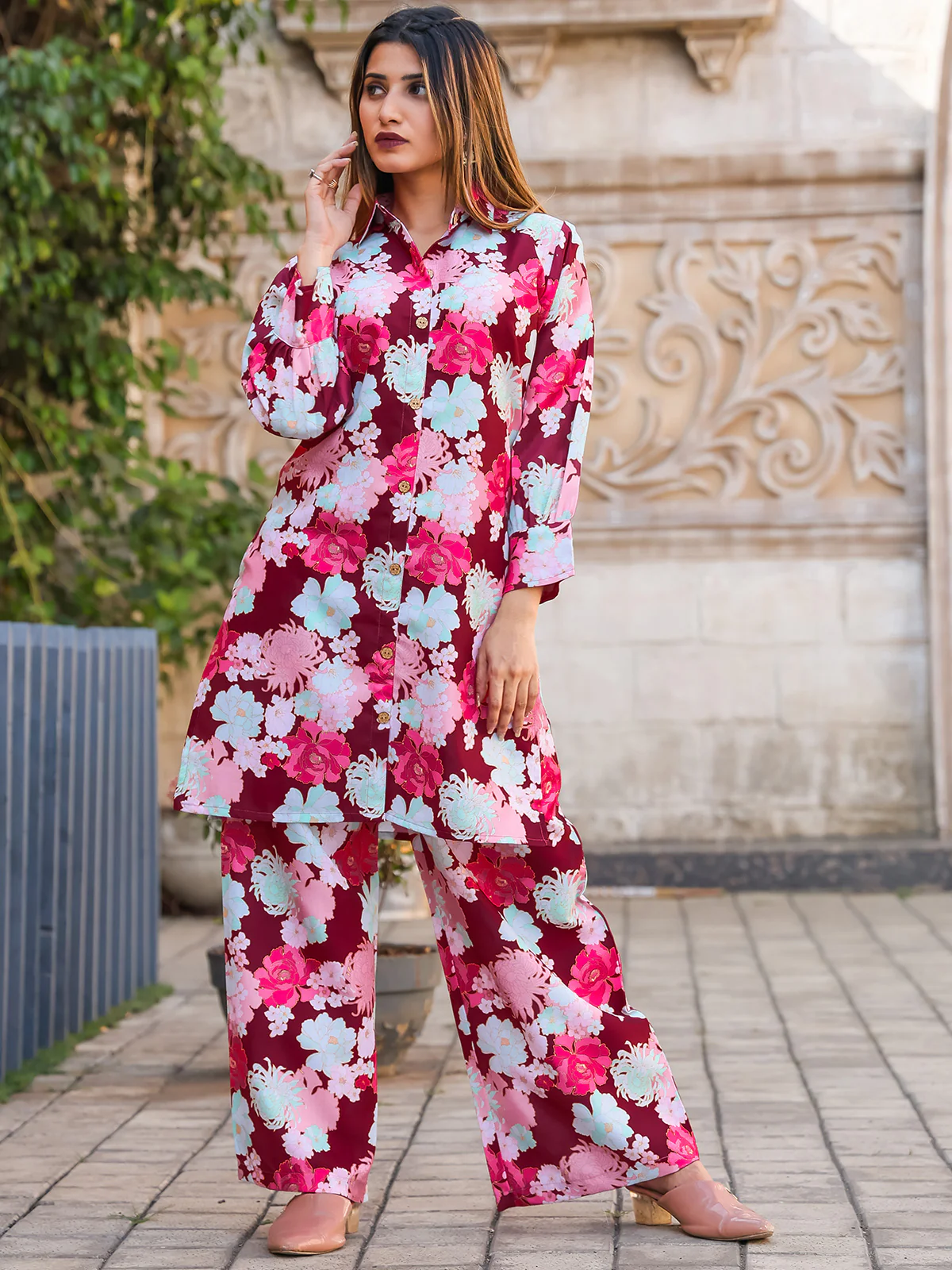 Odette Maroon Cotton Printed Stitched Co Ord Set for Women - Image 3
