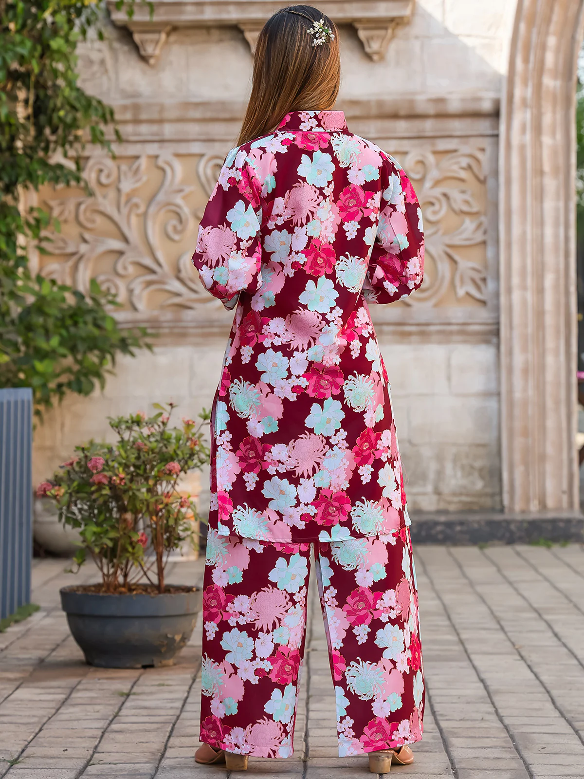 Odette Maroon Cotton Printed Stitched Co Ord Set for Women - Image 4