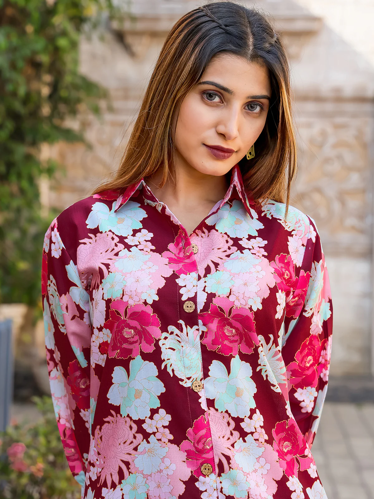 Odette Maroon Cotton Printed Stitched Co Ord Set for Women - Image 5