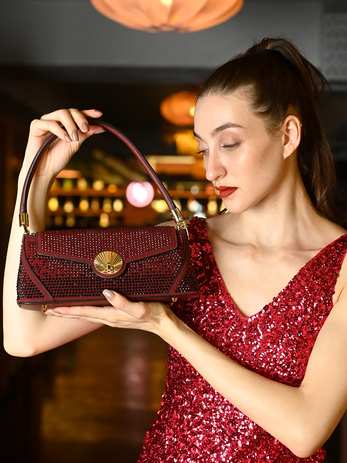 Odette Maroon Embellished Clutch For Women