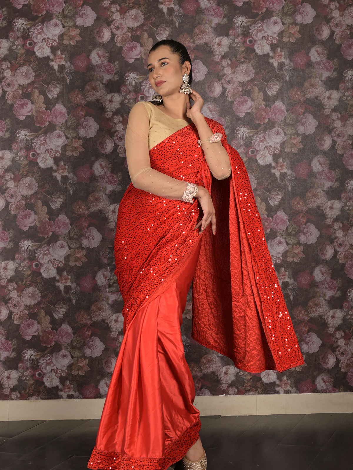 Odette Maroon Embellished Lycra Saree with Unstitched Blouse for Women - Image 2