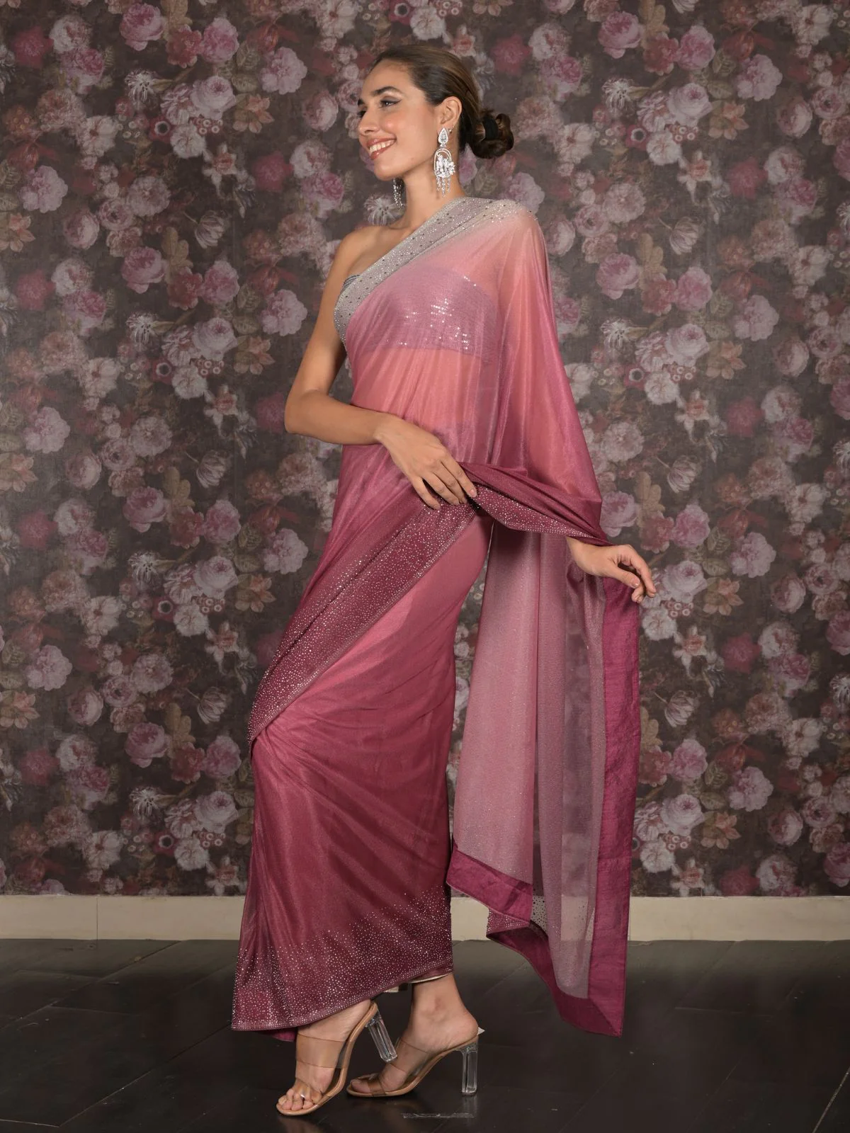 Odette Maroon Embellished Polyester Shaded Saree for Women - Image 3