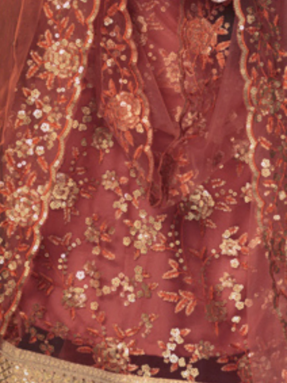 Odette Maroon Embellished Soft Net Semi Stitched Kurta Set With Dupatta For Women - Image 4
