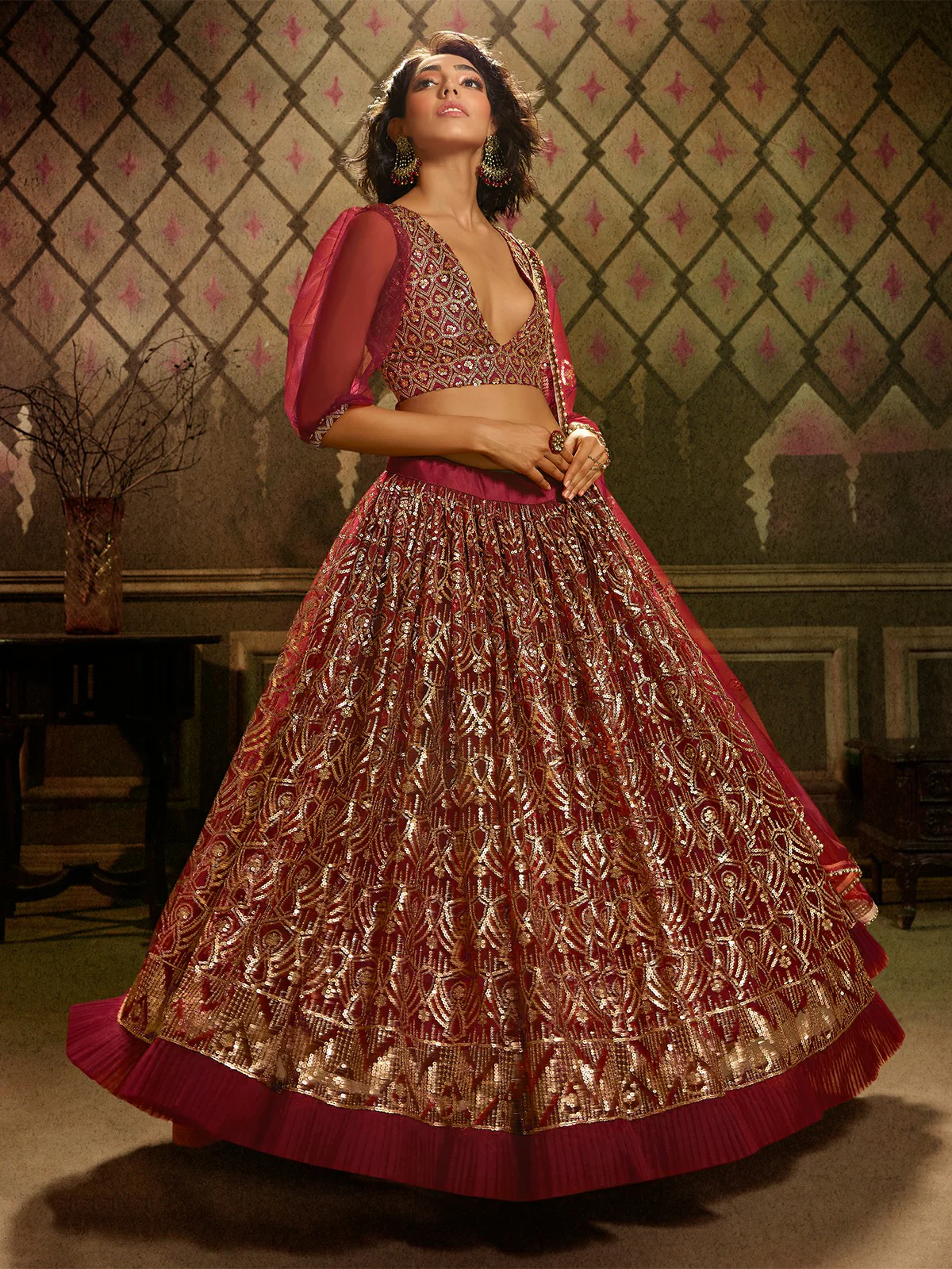Odette Maroon Embellished Soft Net Semi Stitched Lehenga With Blouse For Women