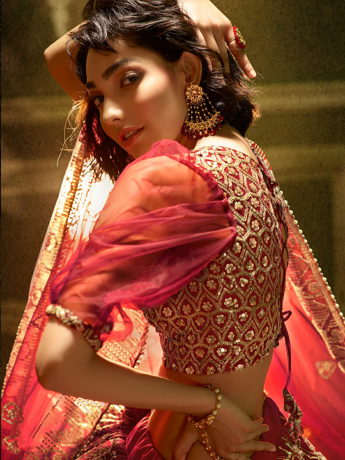 Odette Maroon Embellished Soft Net Semi Stitched Lehenga With Blouse For Women - Image 4