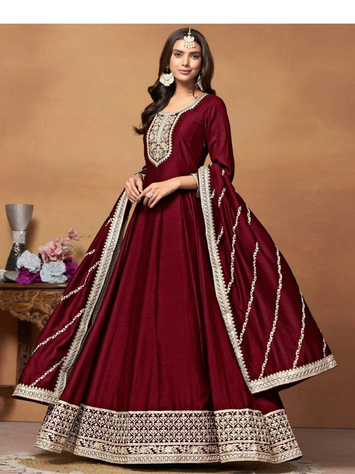 Odette Maroon Embroidered Art Silk Unstitched Gown For Women - Image 2