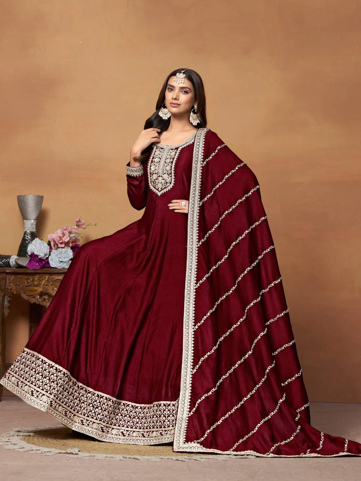 Odette Maroon Embroidered Art Silk Unstitched Gown For Women - Image 3