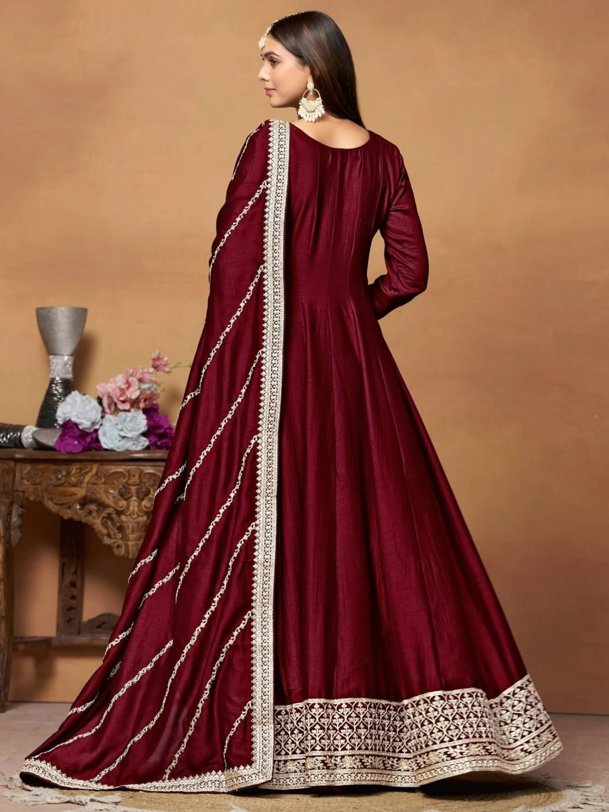Odette Maroon Embroidered Art Silk Unstitched Gown For Women - Image 4