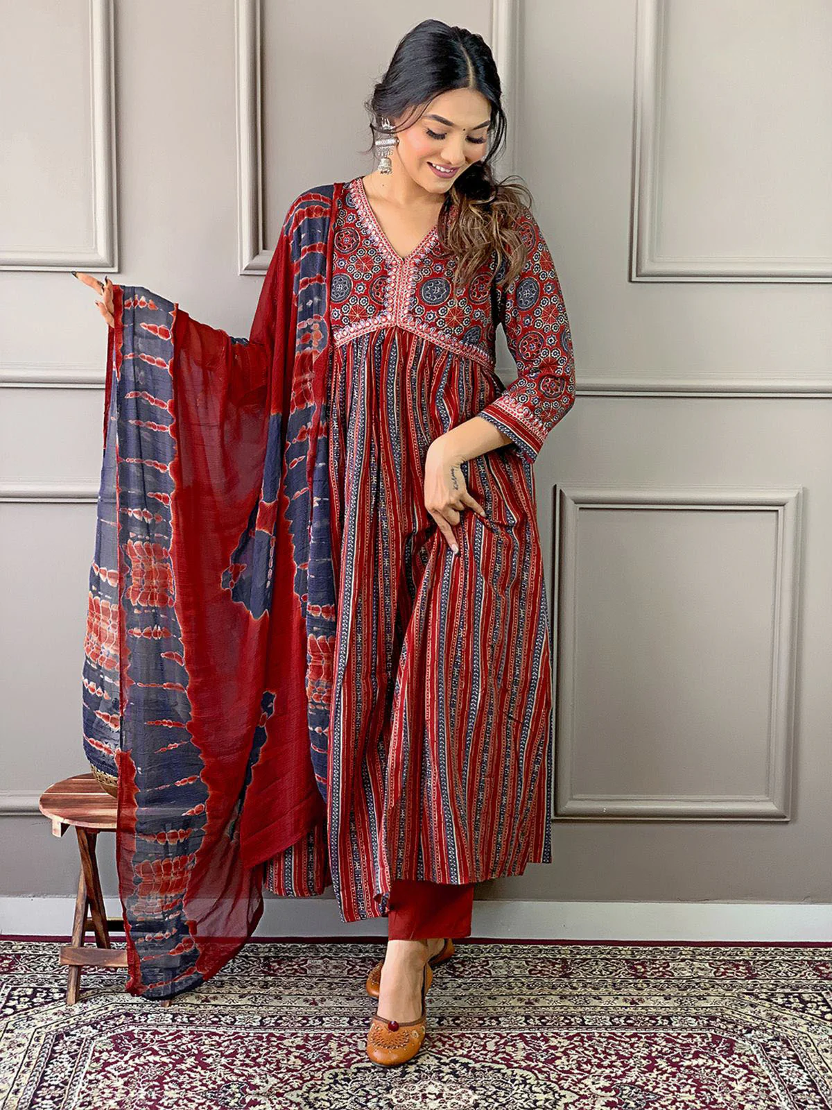 Odette Maroon Embroidered Cotton Blend Stitched Kurta Salwar Set For Women