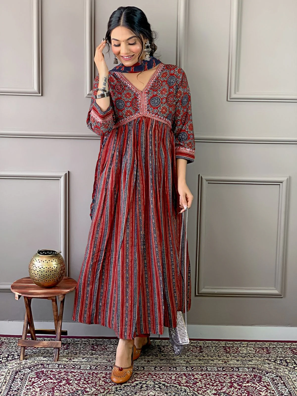 Odette Maroon Embroidered Cotton Blend Stitched Kurta Salwar Set For Women - Image 3