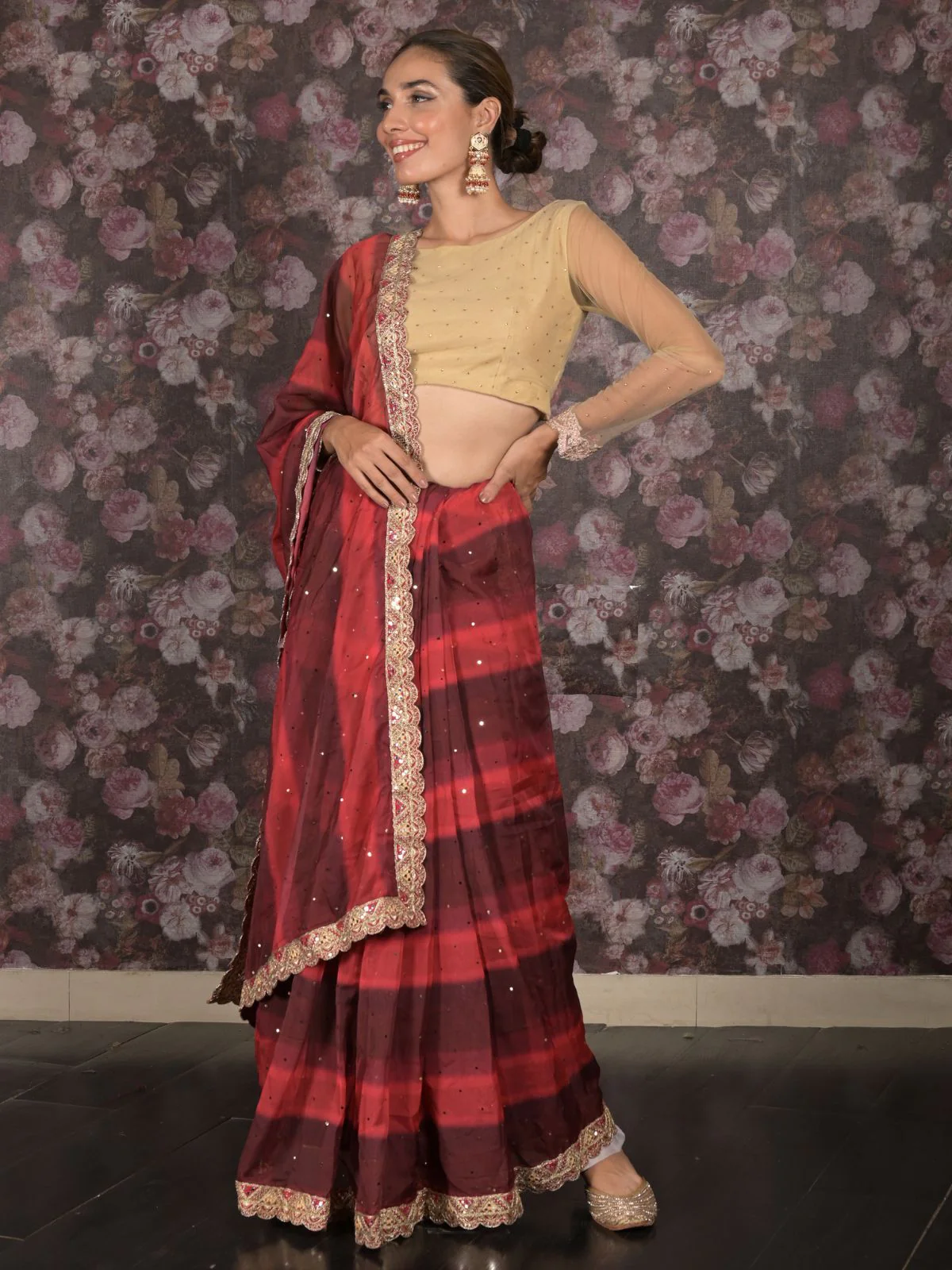 Odette Maroon Embroidered Crepe Saree with Unstitched Blouse for Women - Image 2