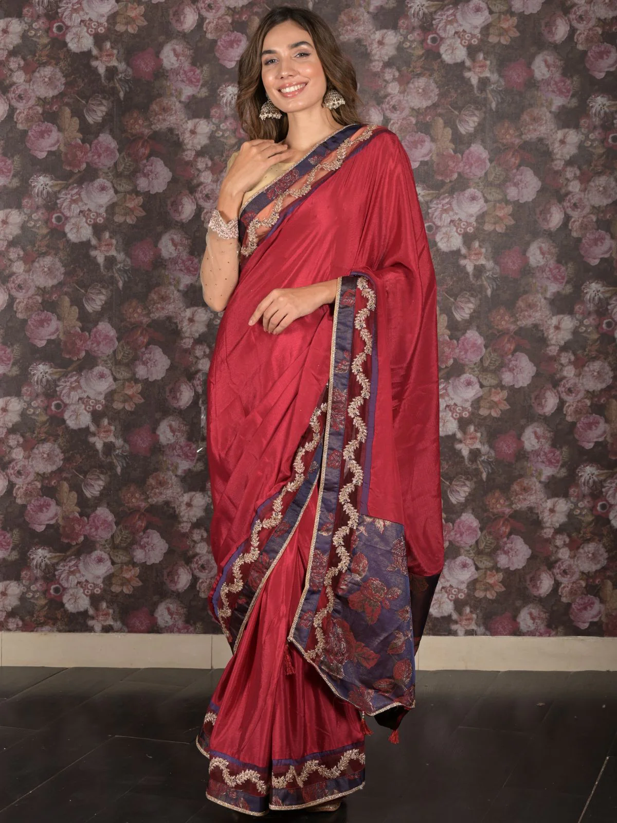 Odette Maroon Embroidered Crepe Saree with Unstitched Blouse for Women - Image 2