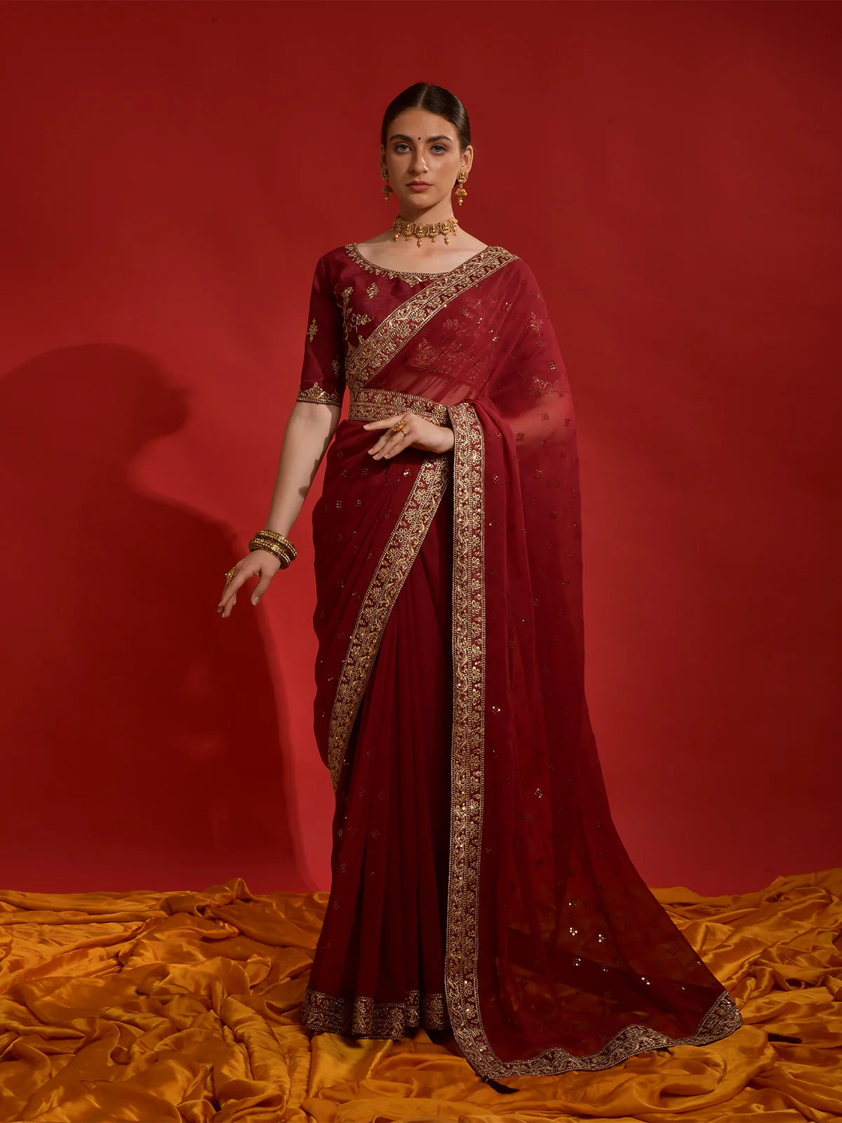 Odette Maroon Embroidered Georgette Saree With Unstitched Blouse For Women - Image 3