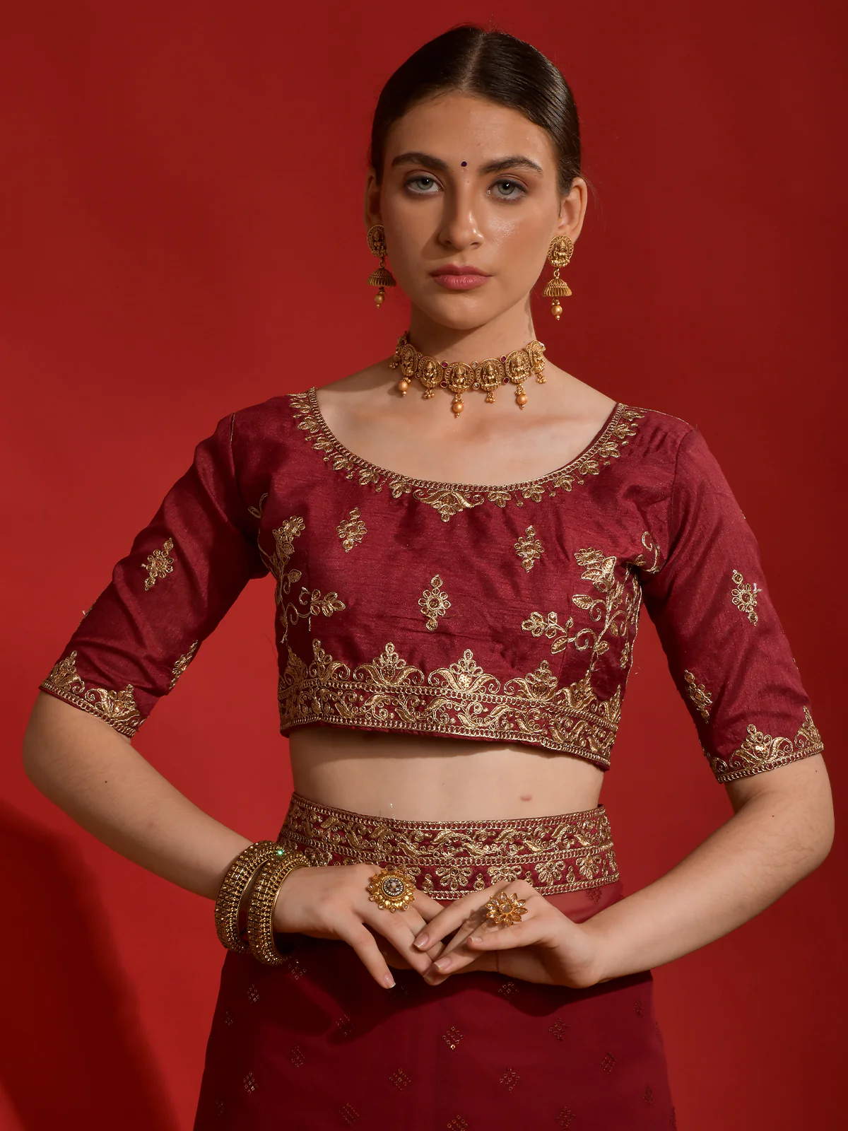 Odette Maroon Embroidered Georgette Saree With Unstitched Blouse For Women - Image 6