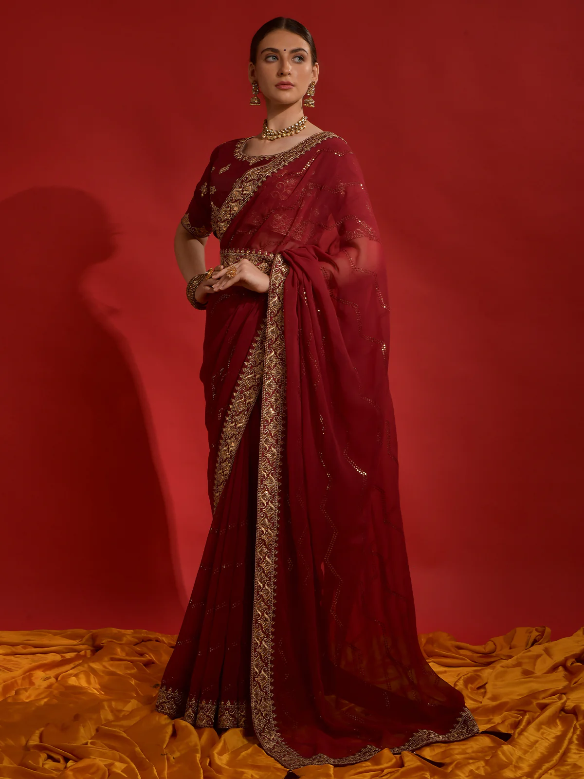 Odette Maroon Embroidered Georgette Saree With Unstitched Blouse For Women - Image 2