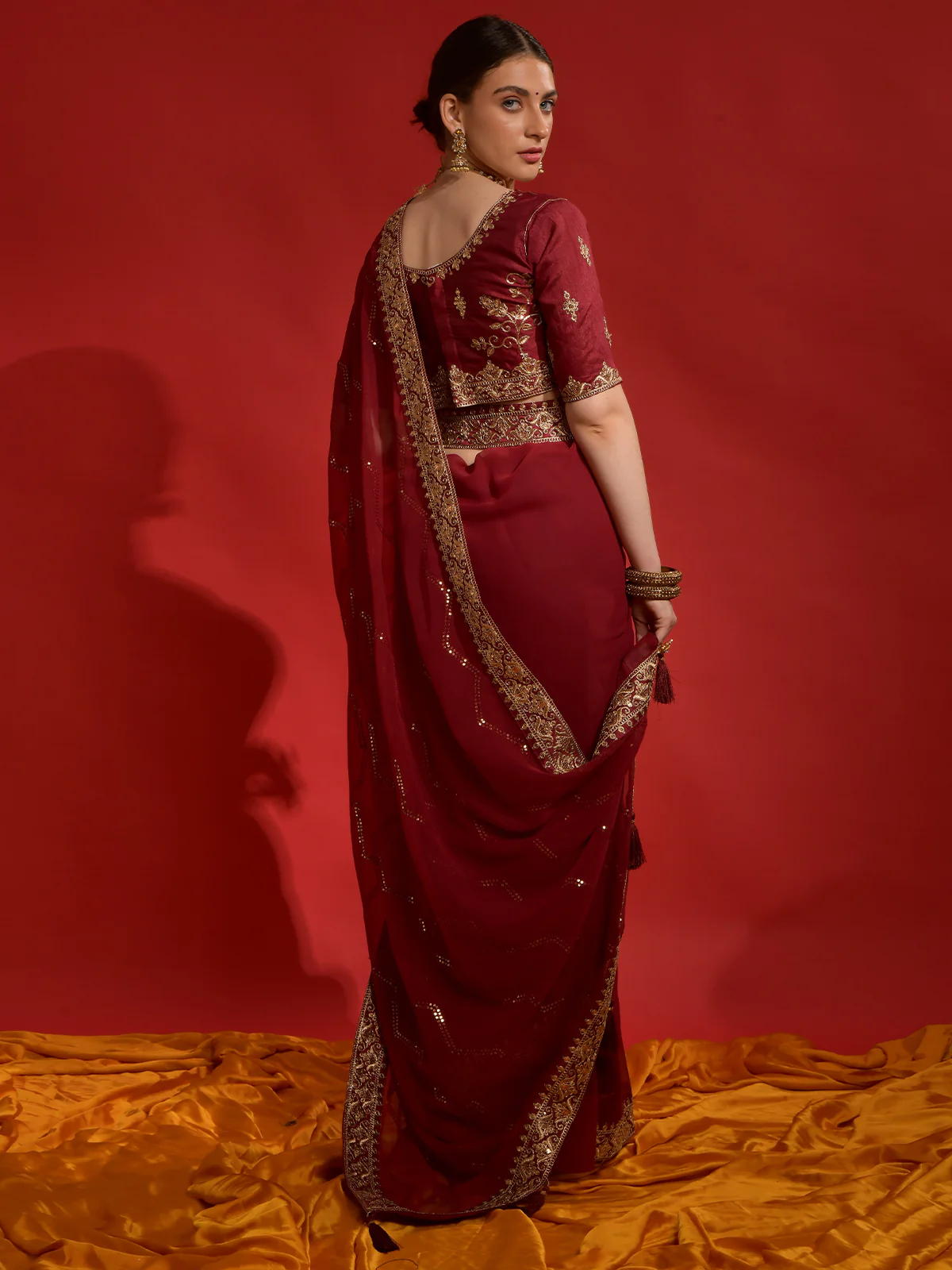 Odette Maroon Embroidered Georgette Saree With Unstitched Blouse For Women - Image 4