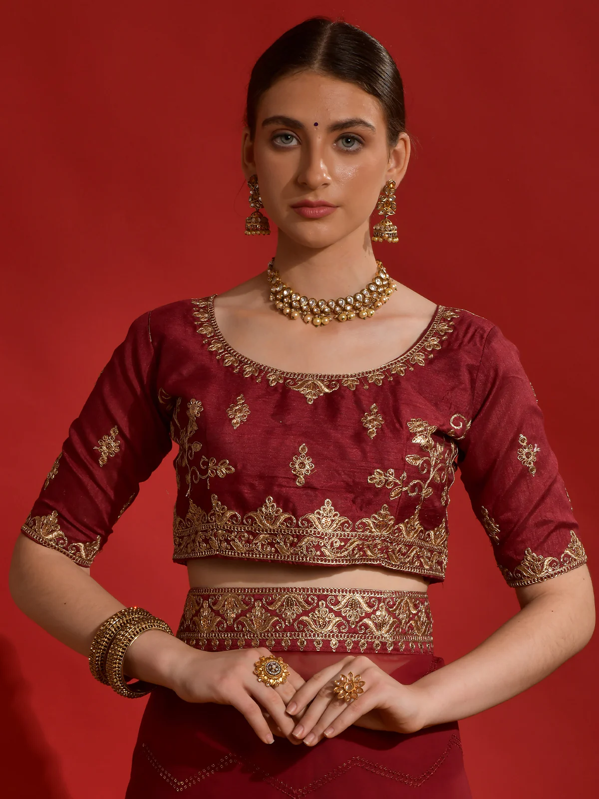 Odette Maroon Embroidered Georgette Saree With Unstitched Blouse For Women - Image 6