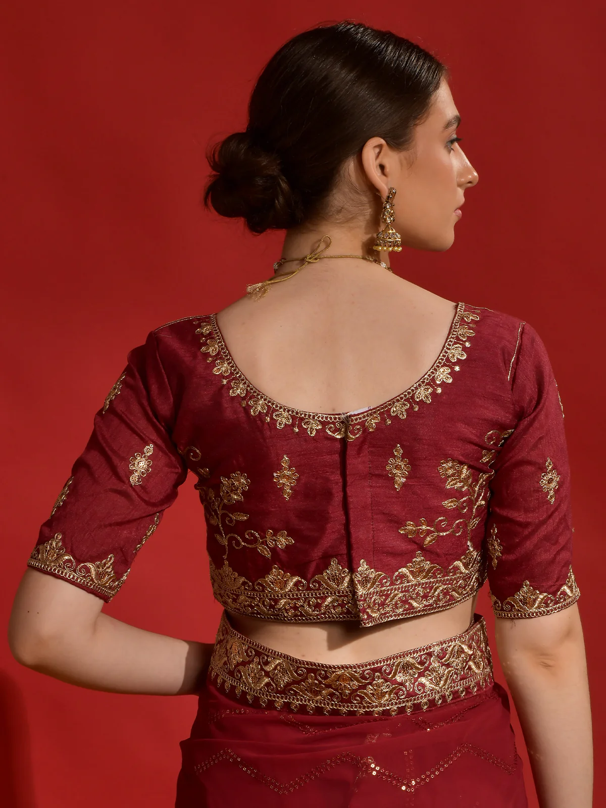 Odette Maroon Embroidered Georgette Saree With Unstitched Blouse For Women - Image 7