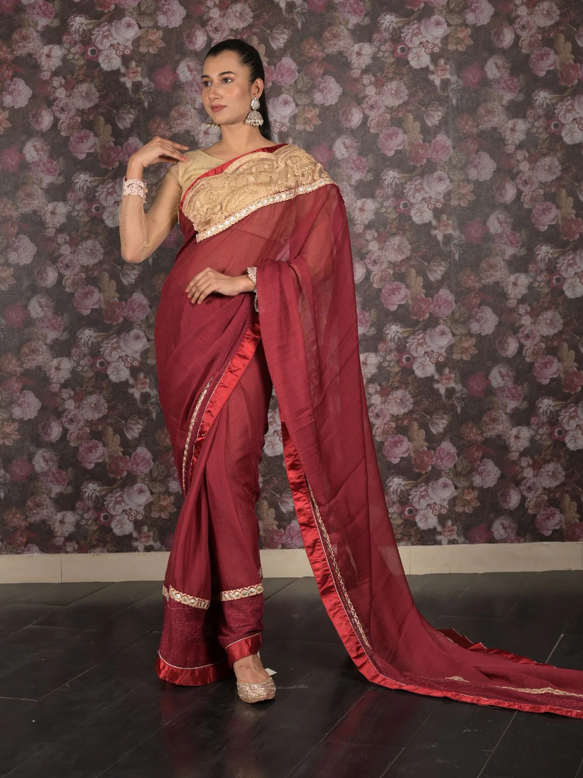 Odette Maroon Embroidered Georgette Saree Without Blouse For Women - Image 2