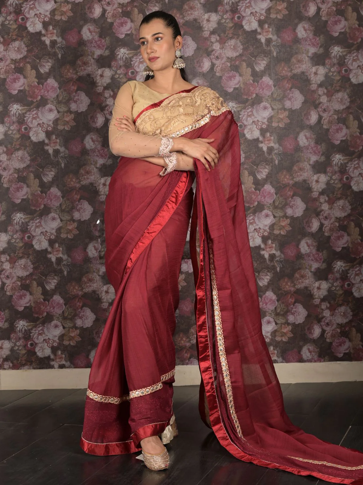 Odette Maroon Embroidered Georgette Saree Without Blouse For Women - Image 3