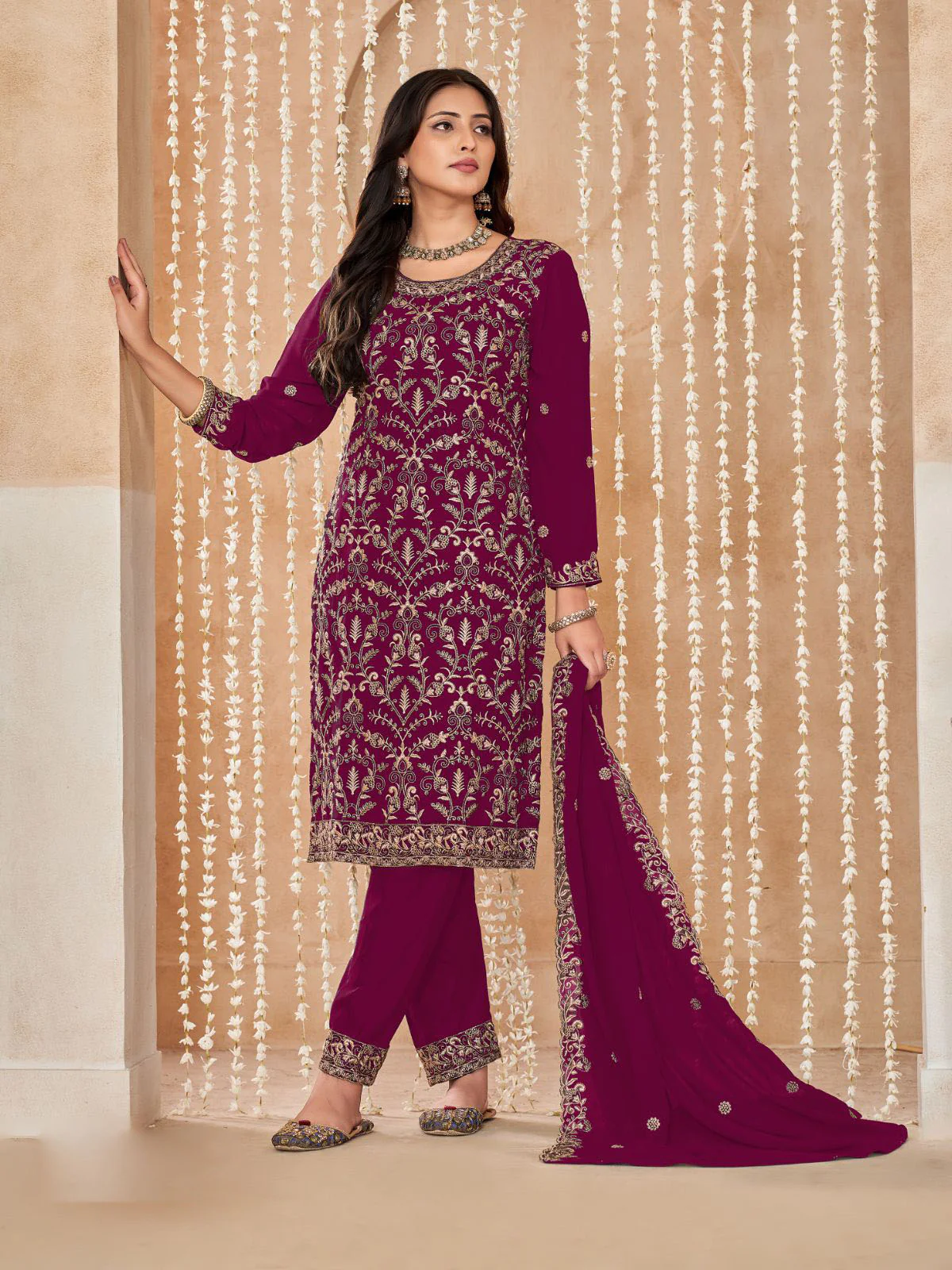 Odette Maroon Embroidered Georgette Semi Stitched Kurta Set With Dupatta For Women - Image 3