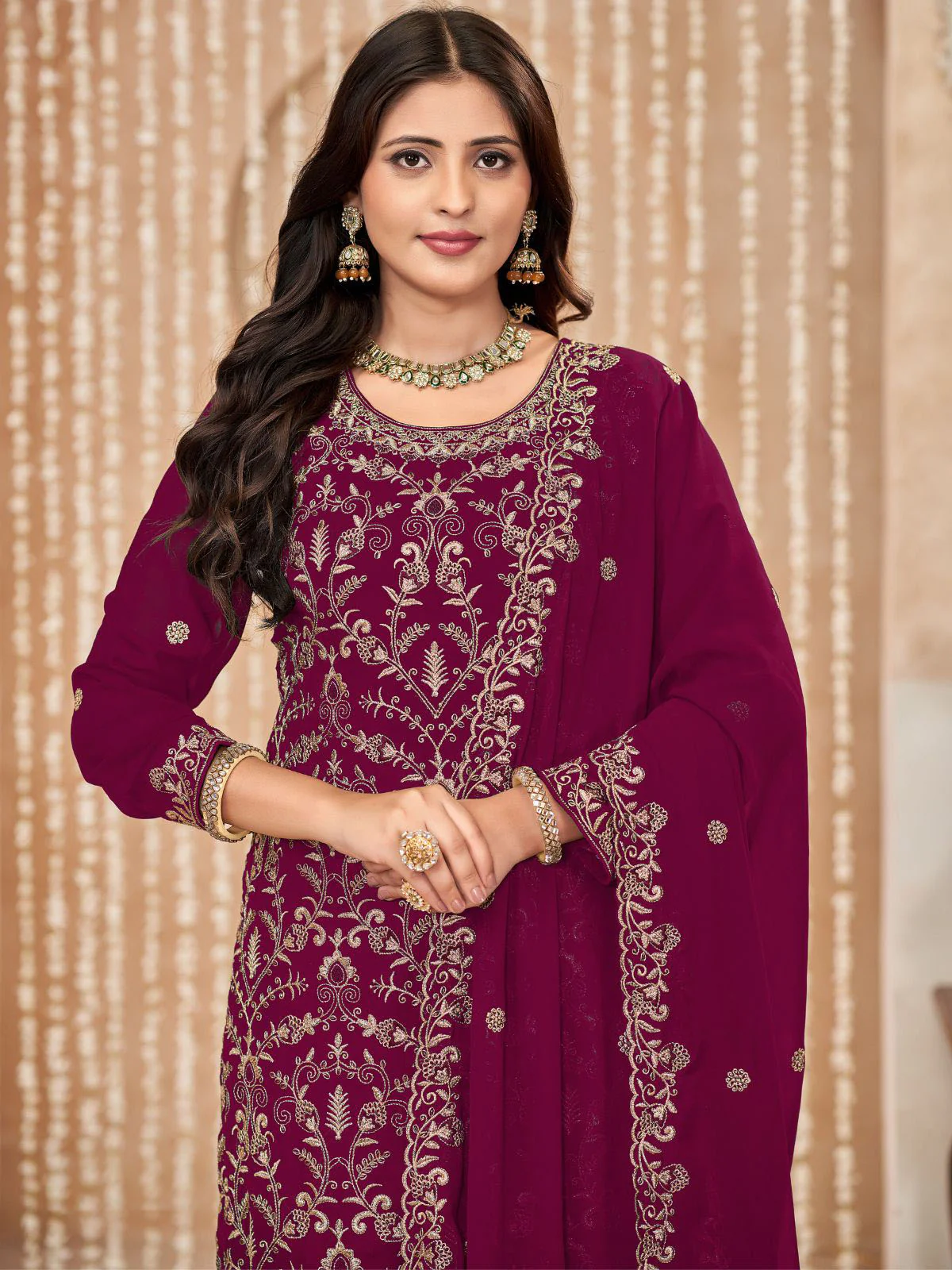 Odette Maroon Embroidered Georgette Semi Stitched Kurta Set With Dupatta For Women - Image 4
