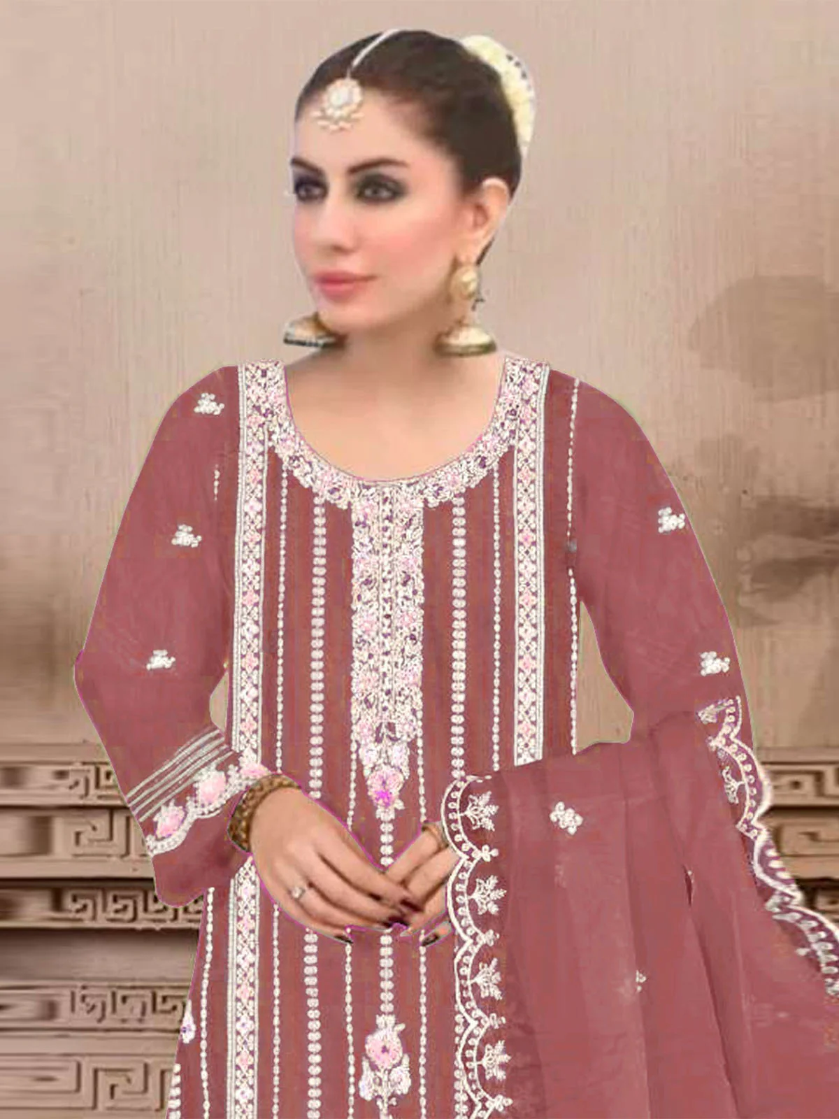 Odette Maroon Embroidered Georgette Semi Stitched Kurta Set With Dupatta For Women - Image 2