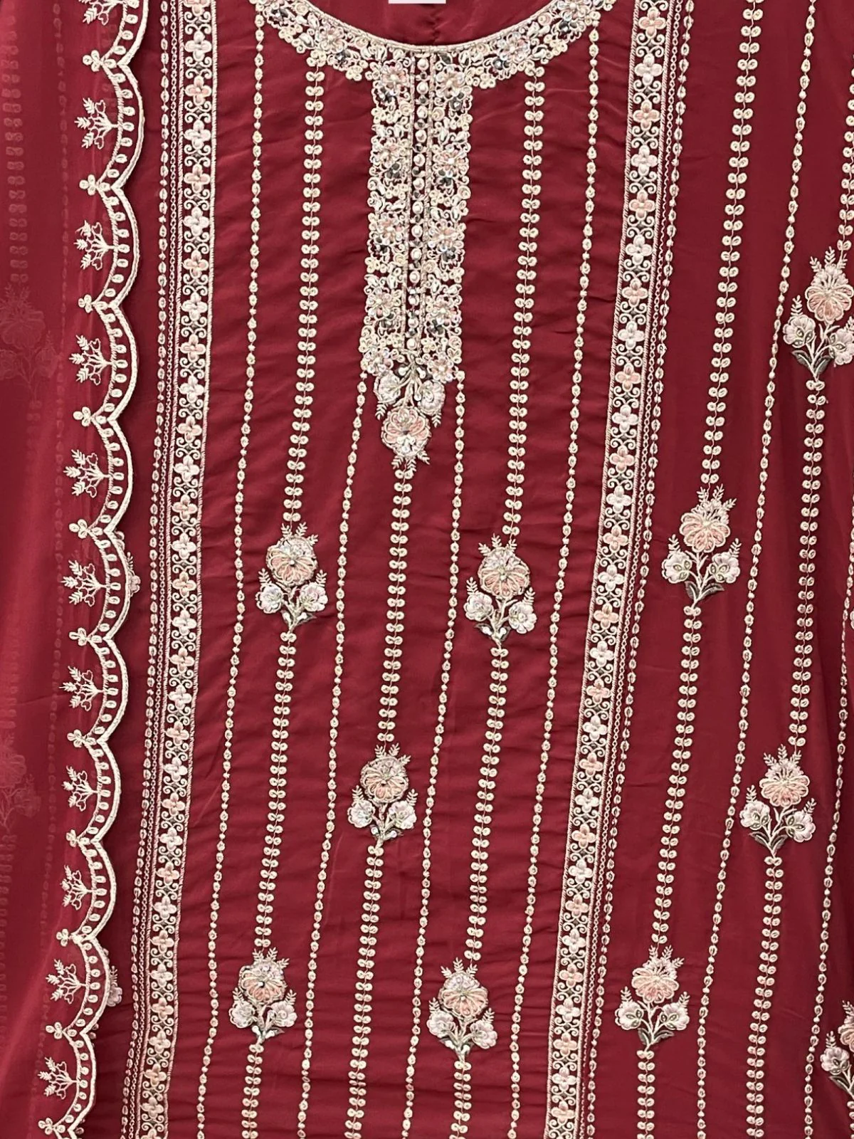 Odette Maroon Embroidered Georgette Semi Stitched Kurta Set With Dupatta For Women - Image 3