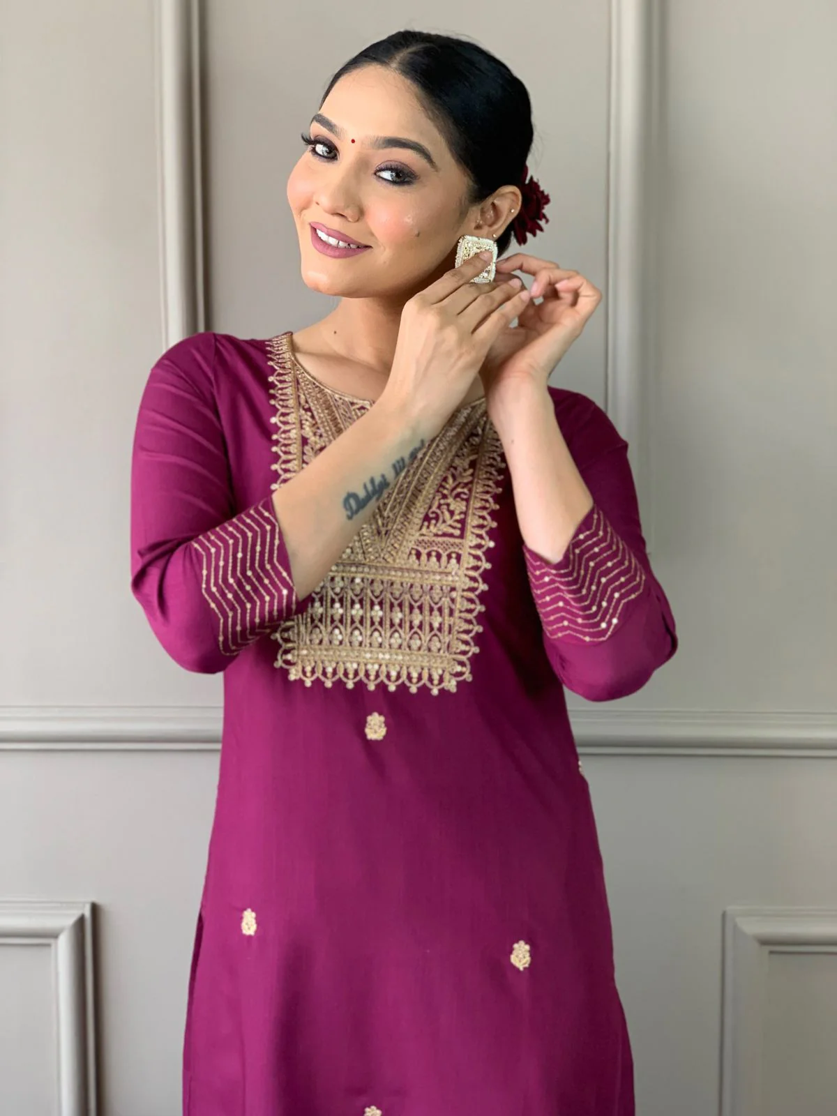 Odette Maroon Embroidered Rayon Stitched Kurta Salwar Set For Women - Image 4