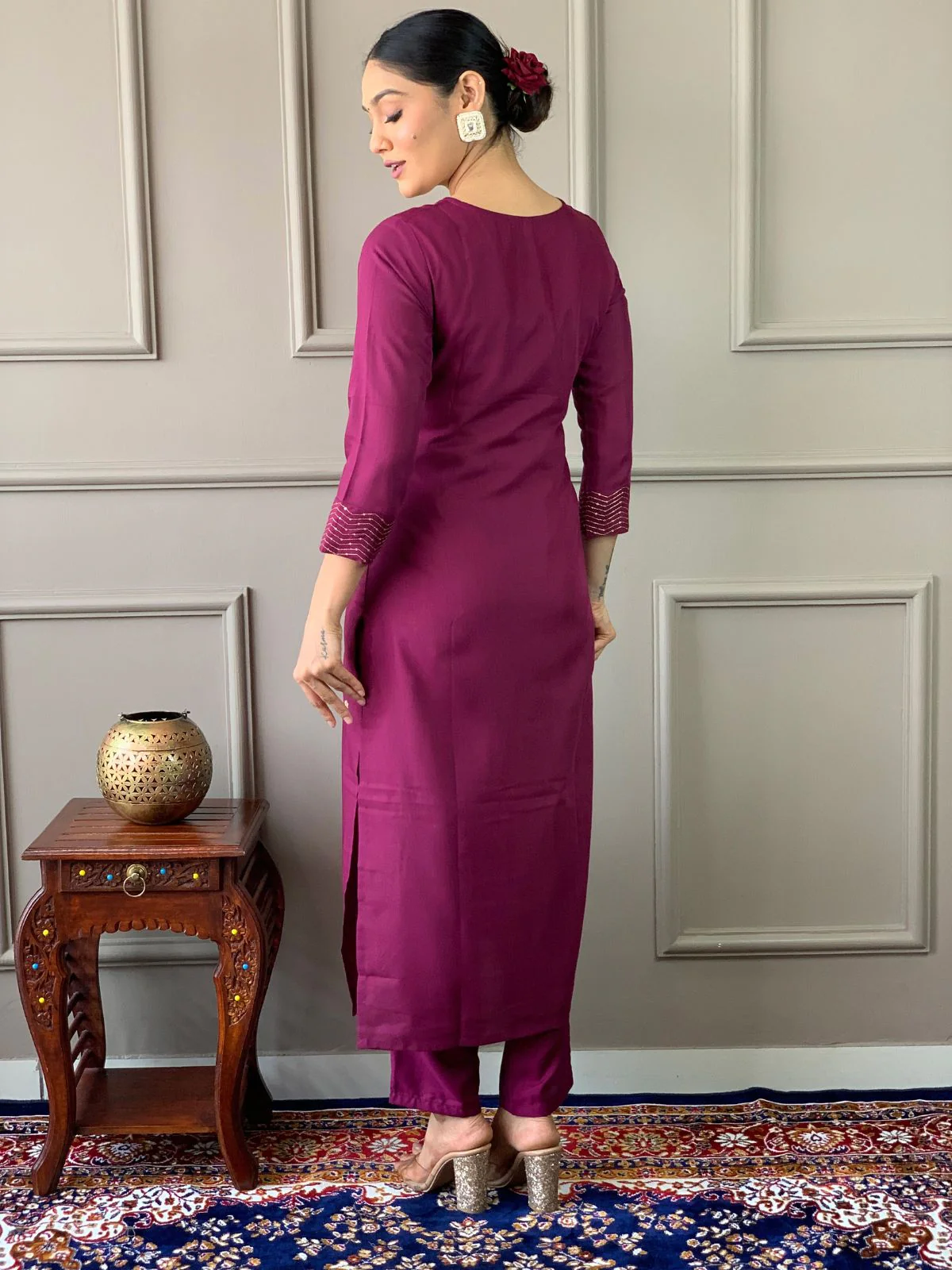 Odette Maroon Embroidered Rayon Stitched Kurta Salwar Set For Women - Image 5