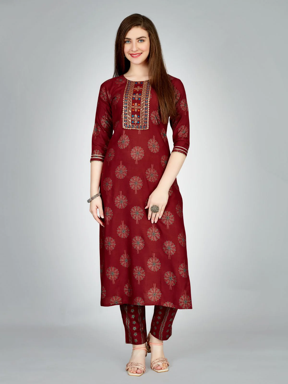 Odette Maroon Embroidered Rayon Stitched Kurta Set For Women - Image 2