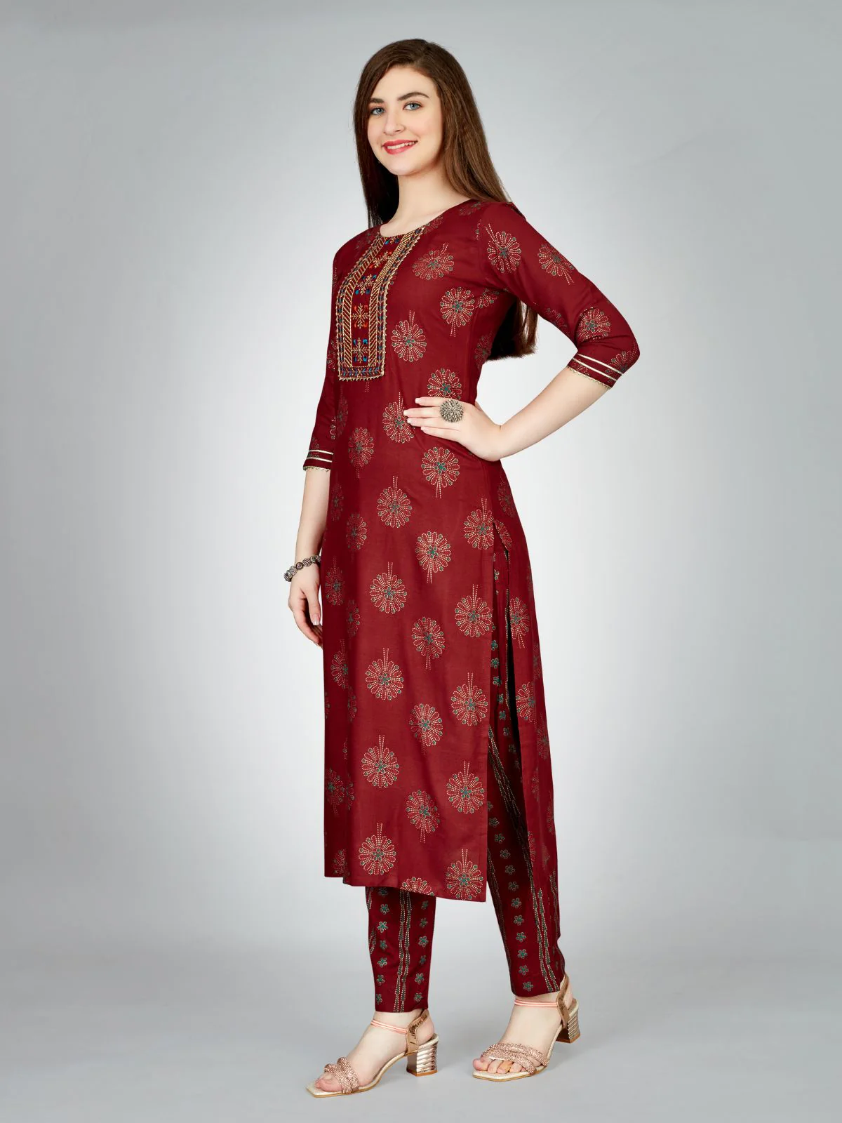 Odette Maroon Embroidered Rayon Stitched Kurta Set For Women - Image 3