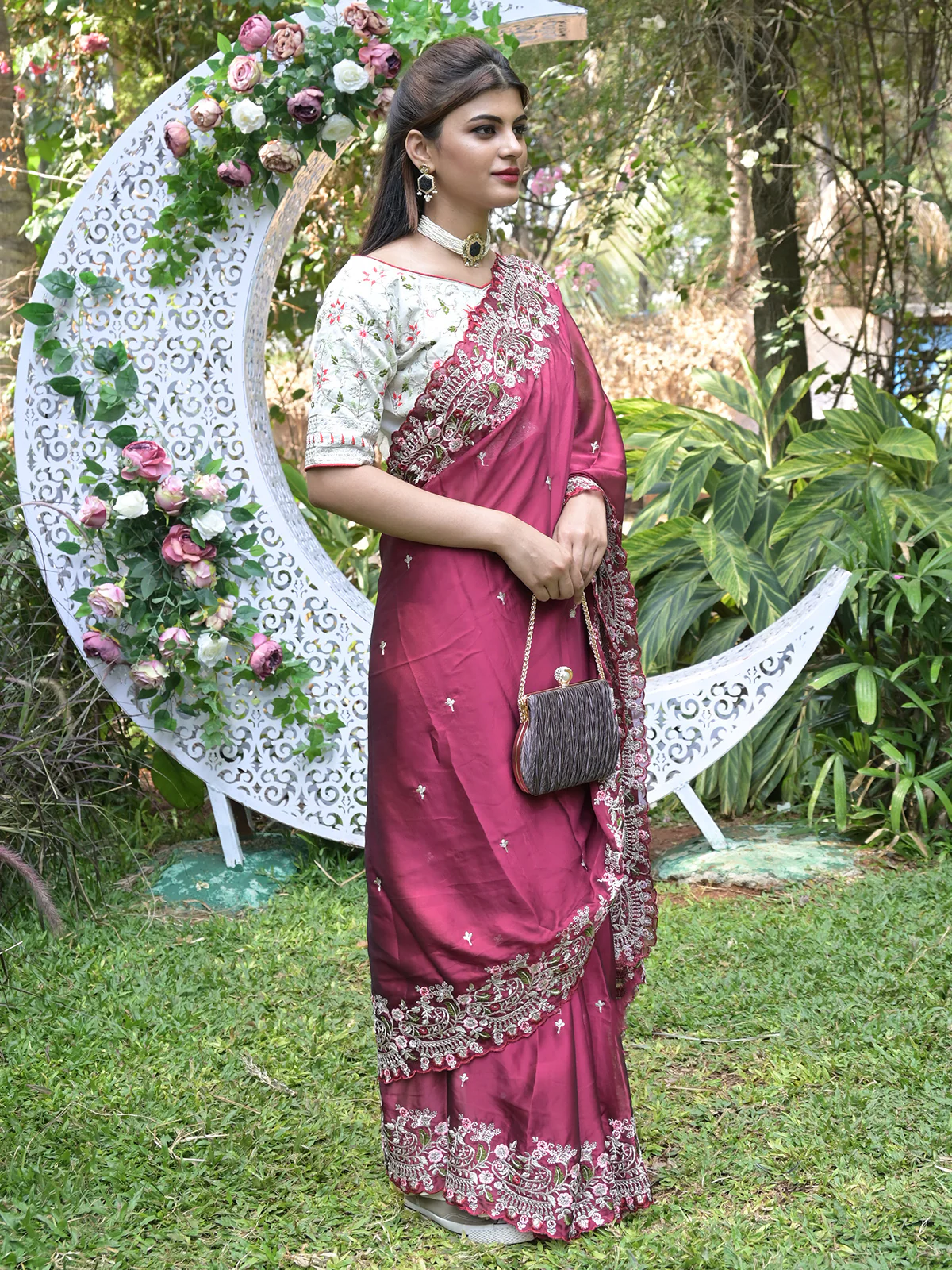 Odette Maroon Embroidered Satin Georgette Saree with Unstitched Blouse for Women - Image 2