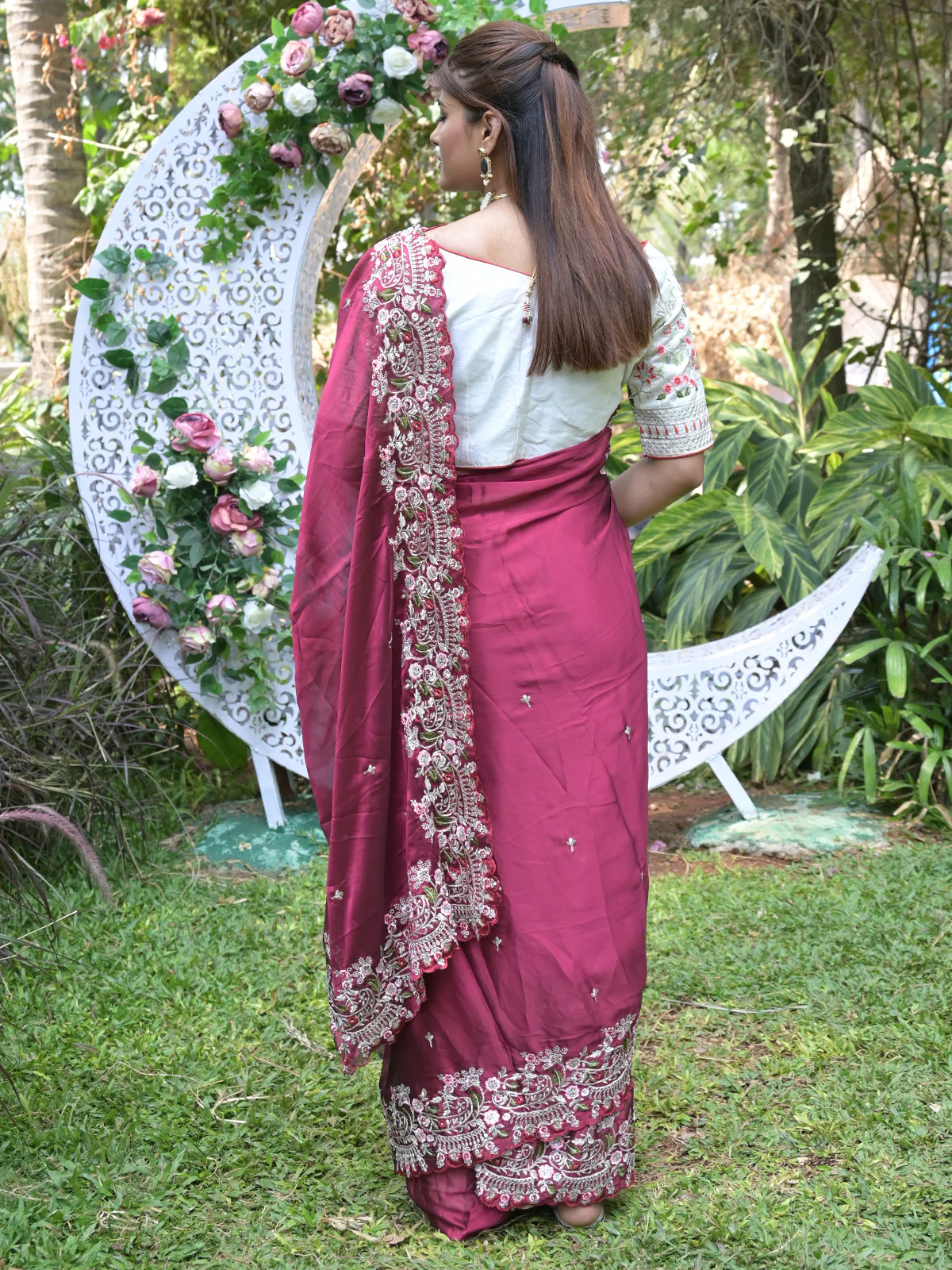 Odette Maroon Embroidered Satin Georgette Saree with Unstitched Blouse for Women - Image 3