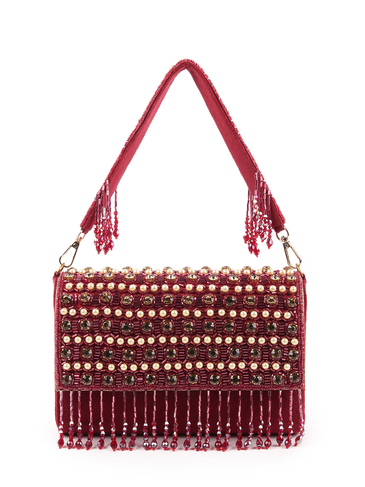 Odette Maroon Embroidered Tasseled Bridal Clutch For Women - Image 3