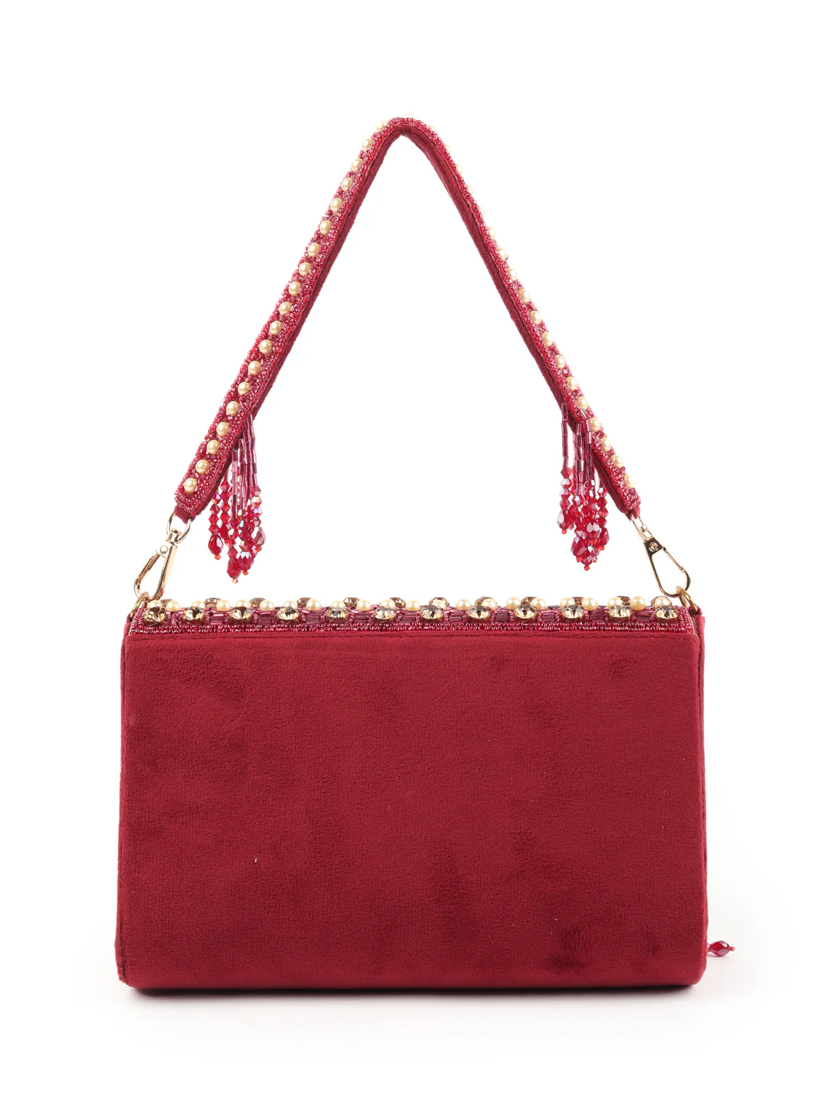Odette Maroon Embroidered Tasseled Bridal Clutch For Women - Image 5